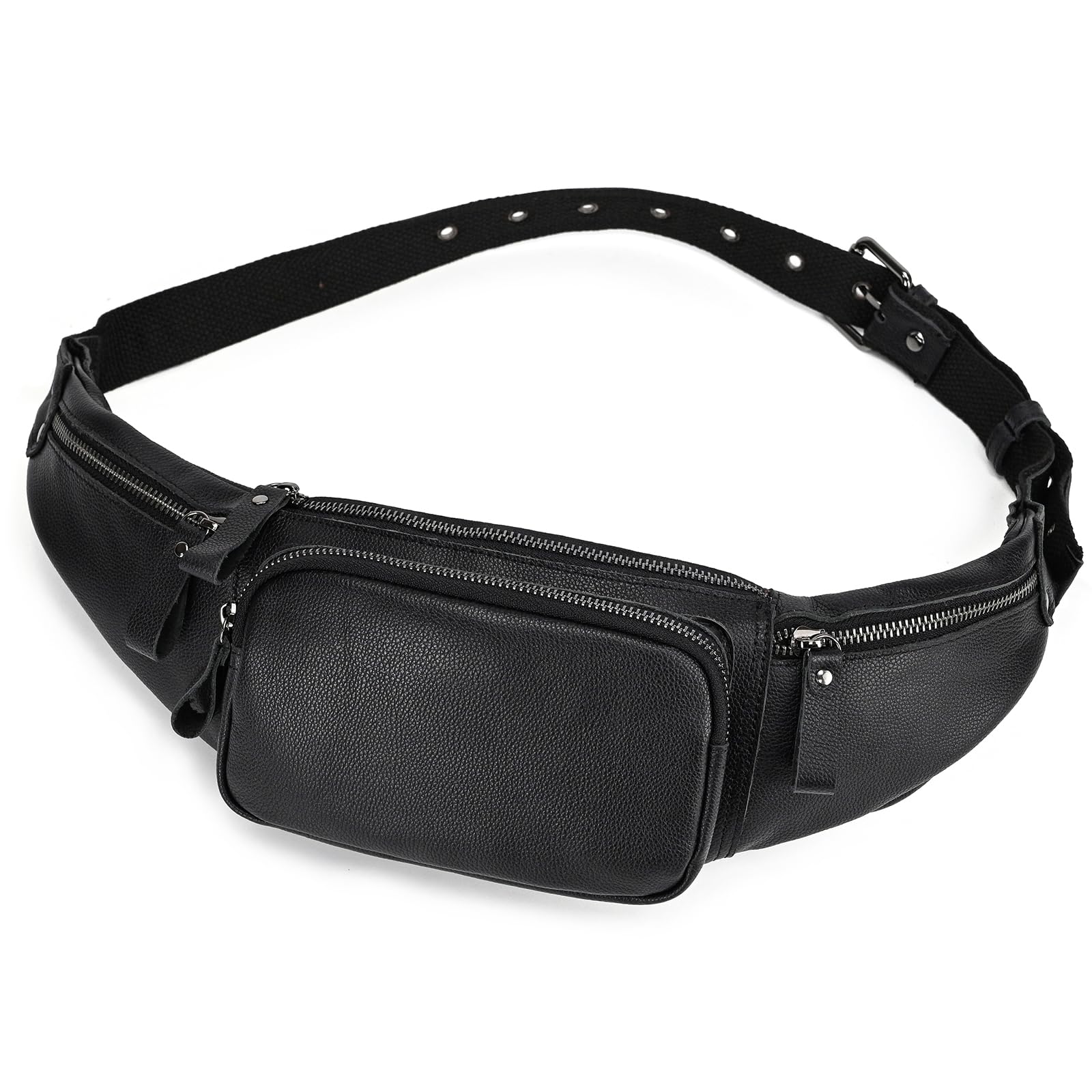 Genuine Leather Slim Waist Pack for Men & Women - Vintage Design Crossbody Fanny Pack with 4 Zipper Pockets & Adjustable Strap - Large Capacity Belt Bag for Travel, Hiking, Cycling & Outdoor Activities (Black)