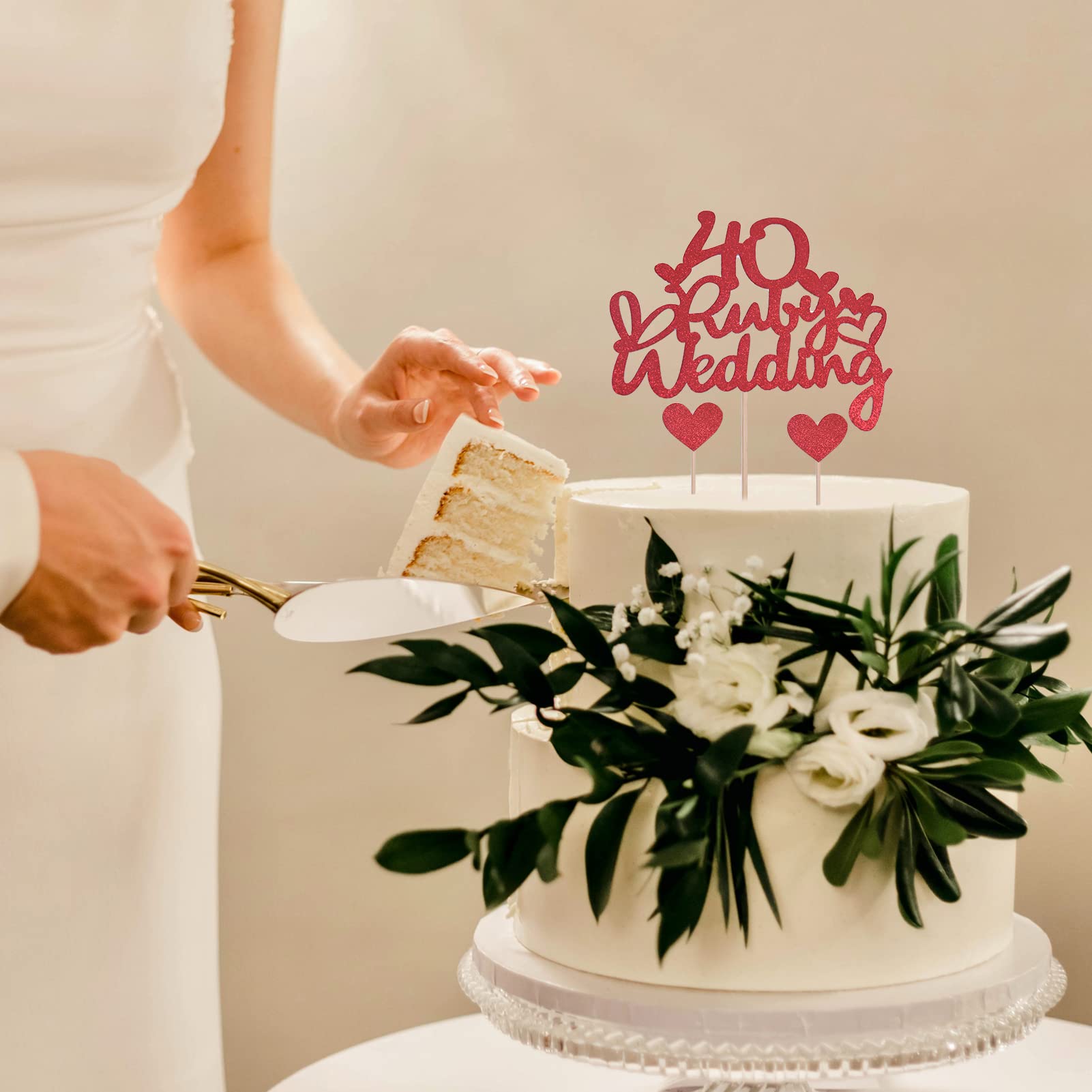 40th Wedding Anniversary Cake Topper Set - Ruby Red Glitter Cake Decorations with 14 Heart Toppers for 40 Year Celebration Party Supplies | Perfect for Anniversary Cakes, Dessert Tables & Wedding Receptions
