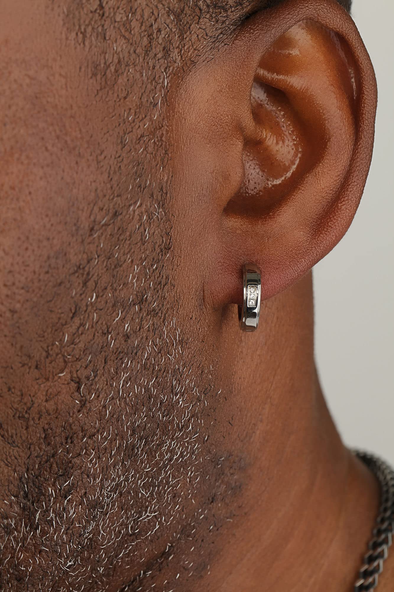 Yellow Gold Plated Stainless Steel Men's White Cubic Zirconia Single Hoop Earrings with Line Accent Inlay | Metro Jewelry | Perfect for Casual Wear, Date Nights & Gifts