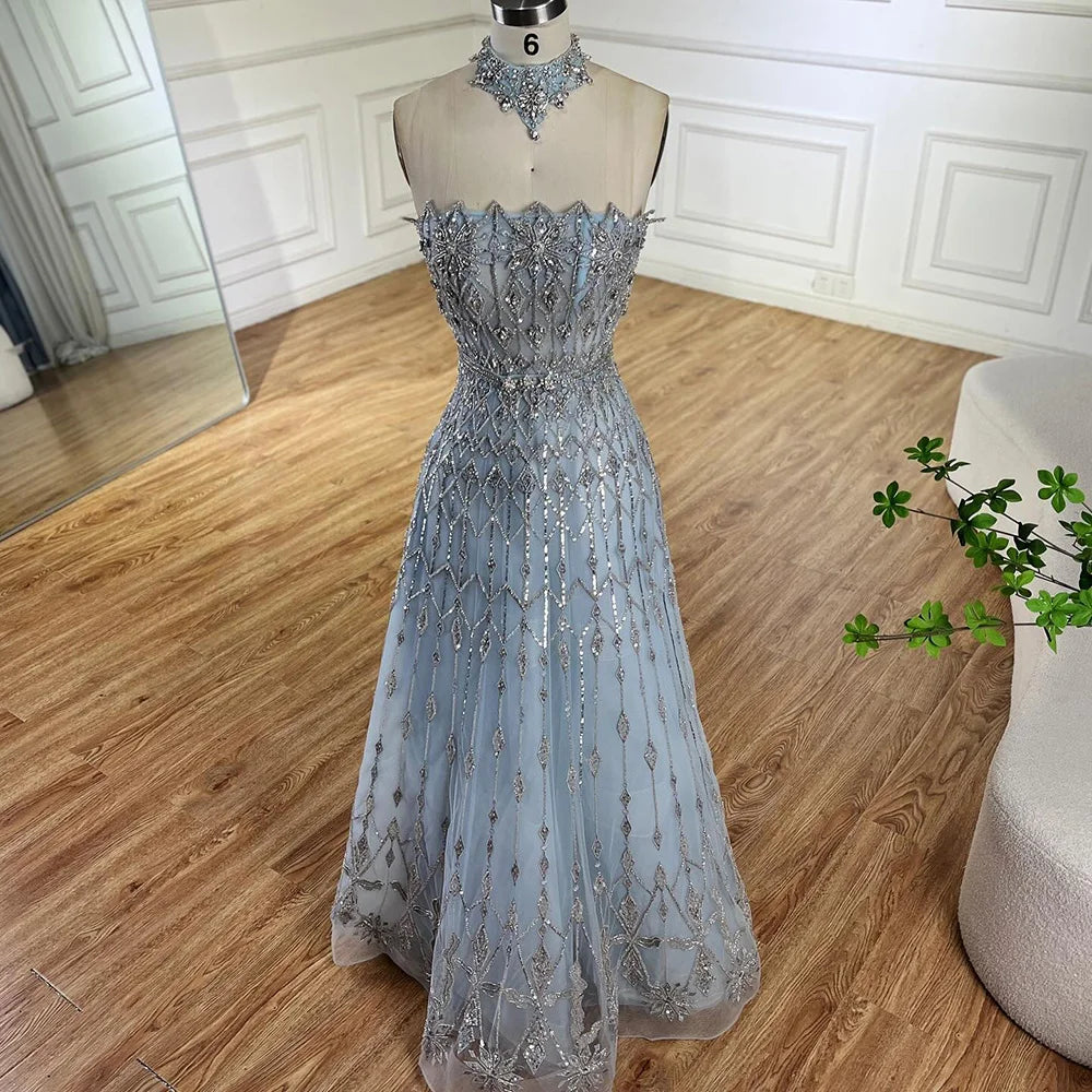 Luxury Dubai Arabic A-Line Elegant Blue Saudi Evening Gown with Beaded Details - Formal Occasion Abaya Dress for Weddings, Parties & Special Events LA72717