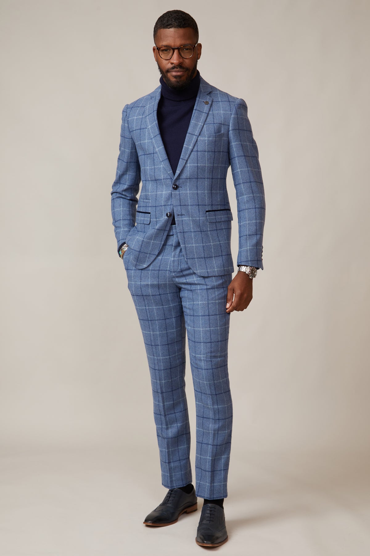CLINTON Blue Tweed Check Blazer for Men - Classic Slim Fit Formal Jacket for Office, Wedding & Business Events