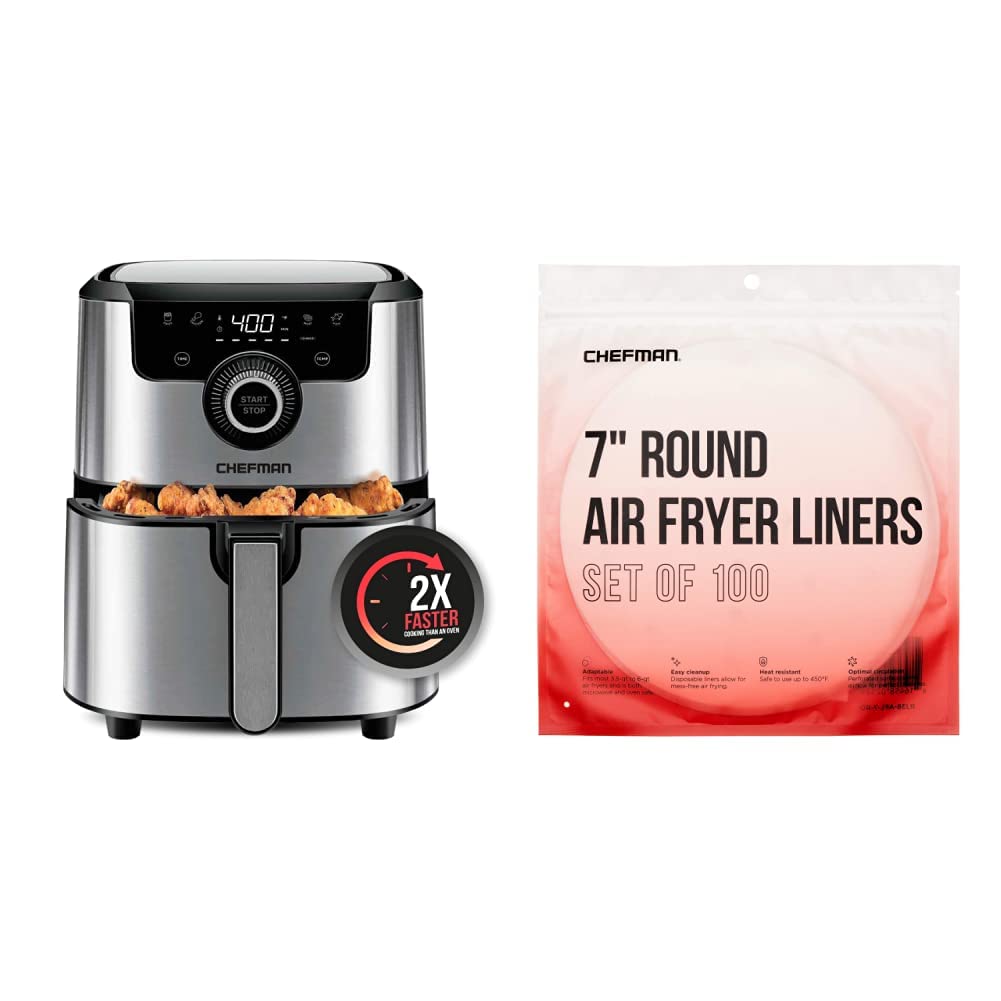 CHEFMAN 4.5 Qt Air Fryer with 100-Pack Disposable Parchment Paper Liners (7” Round) - Healthy Oil-Free Cooking for Chicken, Fries & Vegetables - Perfect for Family Meals & Quick Snacks
