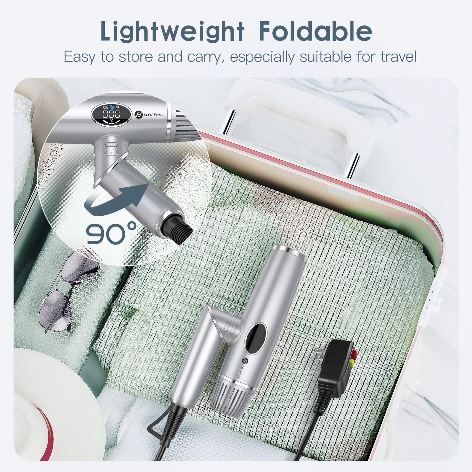 Slopehill Professional Foldable Ionic Hair Dryer - High Speed Blow Dryer for Fast Drying, Compact Travel Hairdryer with Magnetic Diffuser & Nozzle, LCD Display - Perfect for Home, Salon & Travel Use