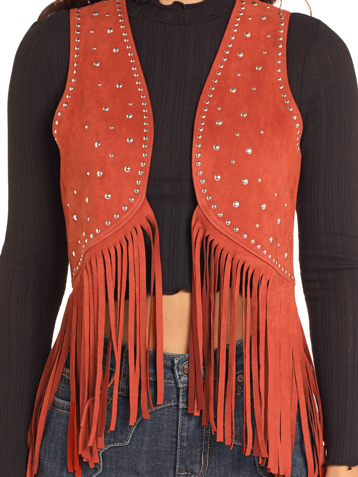 Rock & Roll Denim BW98C04549 RST Women's Studded Fringe Vest in Rust - Stylish Western Biker Jacket for Concerts & Night Out