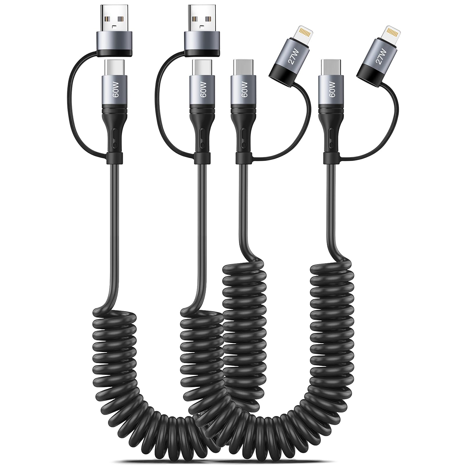Miger Coiled Lightning Cable [2-Pack 4FT] 4-in-1 Multi Charging Cable with 60W Fast Charging - Retractable Charger Cord for iPhone 15/14/13/12/11 Pro Max/XS MAX/XR/XS/X/8/7/6 Plus, iPad, AirPods, MacBook & CarPlay - Perfect for Home, Office, Travel & Car Charging