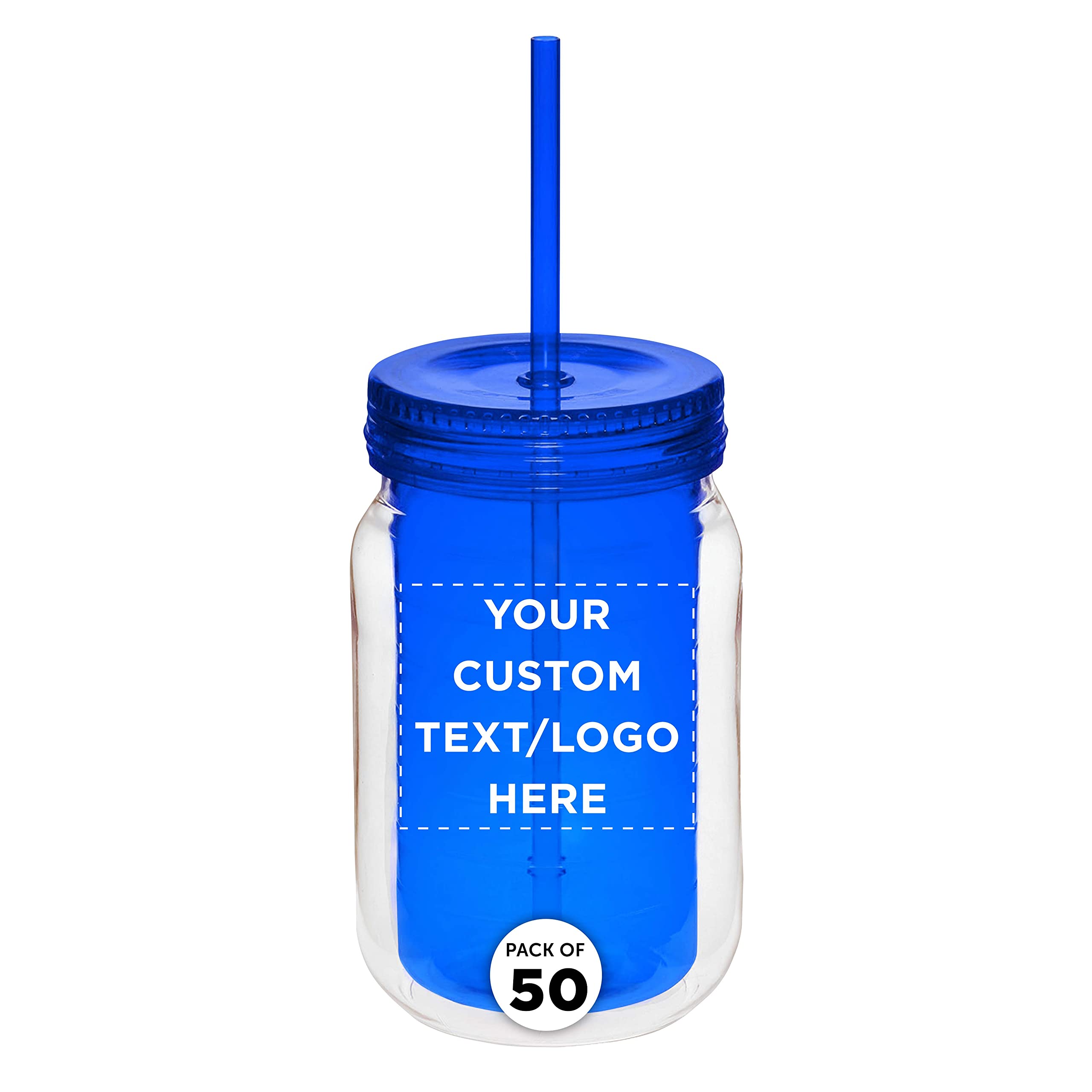 Custom 18 oz Acrylic Tumblers with Straw - Bulk Pack of 50 Personalized Drink Cups - Great for Smoothies, Iced Coffee, Soda & Beverages - Reusable Party Cups for Restaurants, Cafes, Events & Home Use - Blue