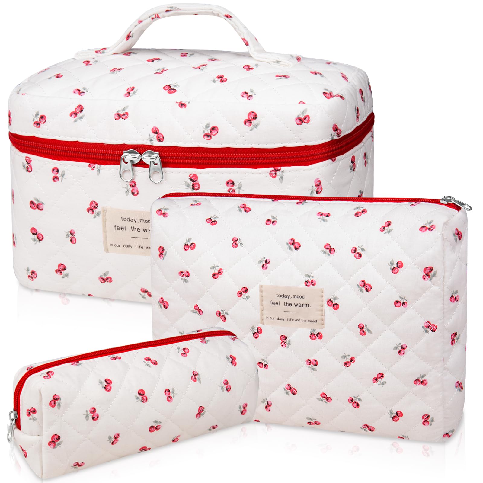 3-Piece Quilted Makeup Bag Set - Large Floral Cosmetic Organizer for Women, Cute Cotton Travel Toiletry Bags with Cherry Blossom Design (Pink) - Perfect for Travel, Gym & Daily Beauty Storage