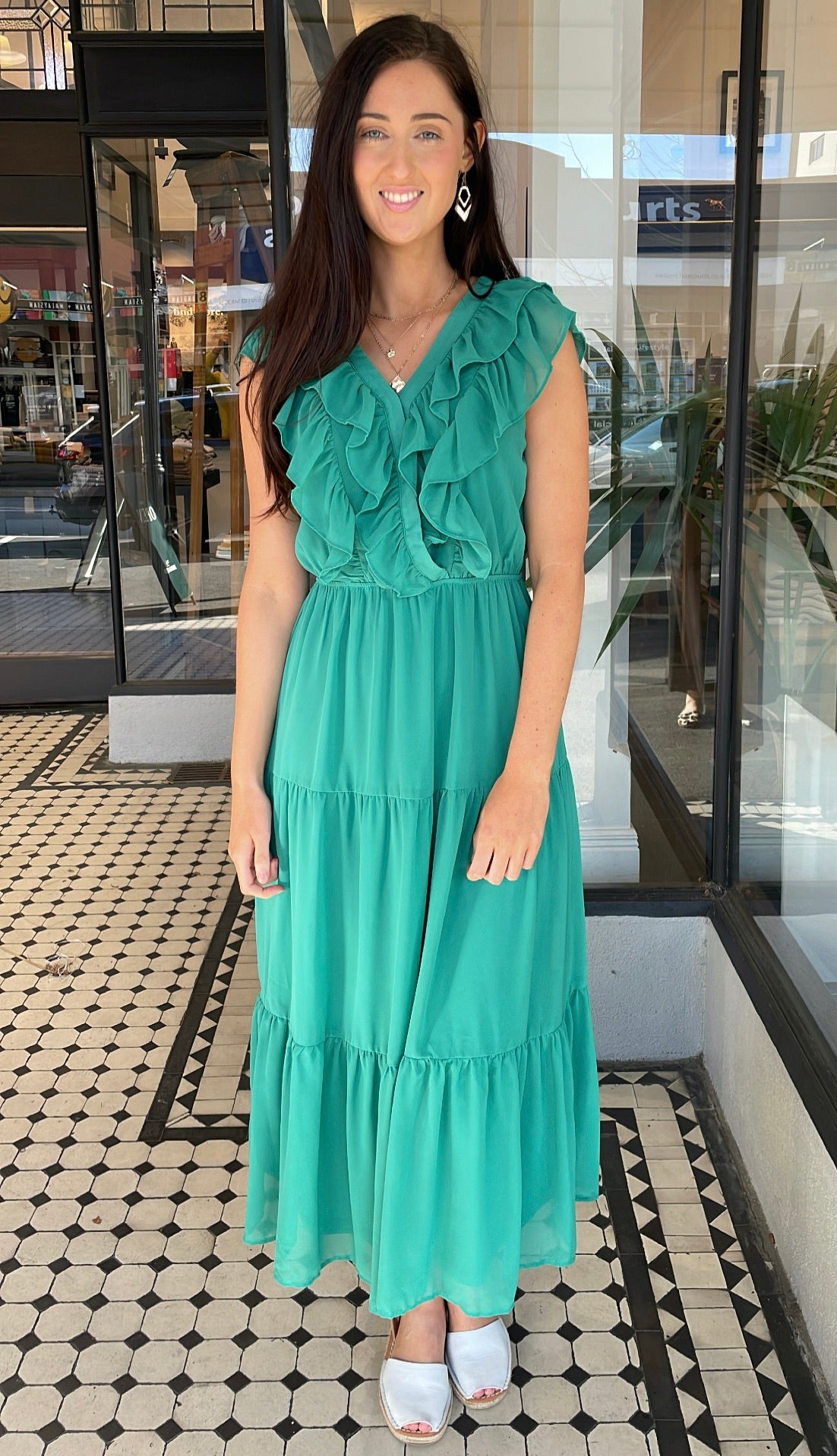 Serena Chiffon Tiered Midi Maxi Dress in Dusty Emerald Green - Elegant Flowy Summer Dress for Weddings, Parties & Beach Vacations