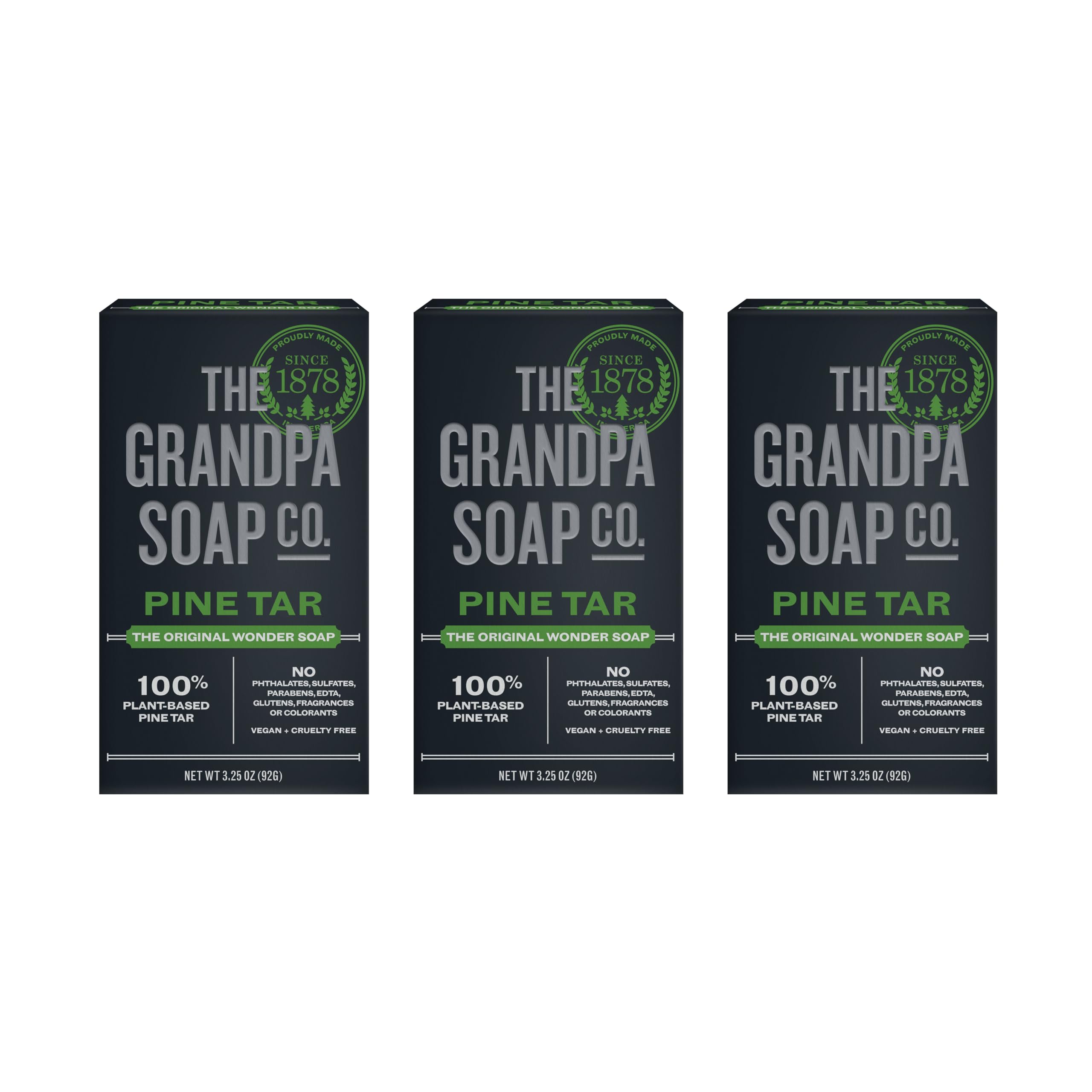 Grandpa's Pine Tar Soap for Men - 3-in-1 Cleansing, Deodorizing & Moisturizing Bar Soap with Natural Pine Tar Oil | Dermatologist Tested, Hypoallergenic for Sensitive Skin | 3.25 Oz (3-Pack) | Ideal for Camping, Outdoor Activities & Daily Skincare Routine