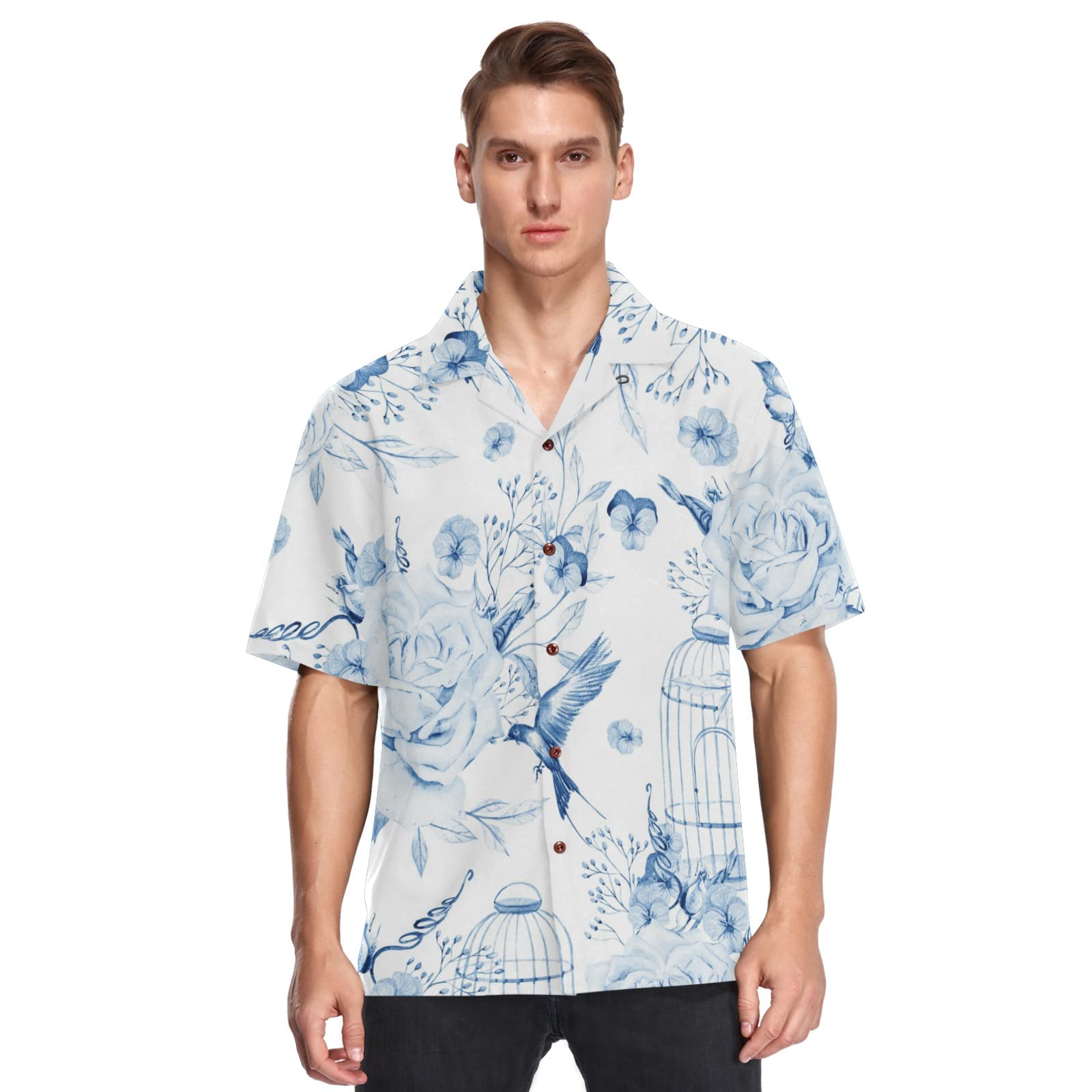 Vintage Tropical Birds & Flowers Blue Hawaiian Shirt for Men - Breathable Summer Beach Holiday Shirt - Perfect for Vacations, Luaus & Casual Outings