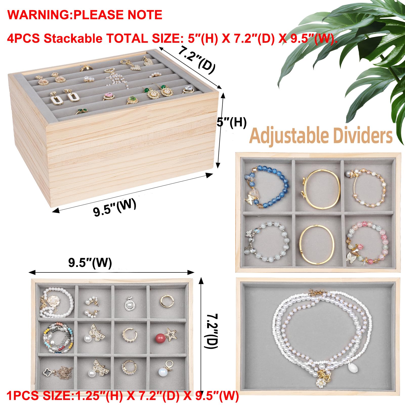 Stackable Wooden Jewelry Tray Organizer Set of 4 - Drawer Inserts Jewelry Storage Box with Removable Dividers for Earrings, Necklaces, Rings & Bracelets - Perfect for Bedroom Vanity, Closet Organization & Travel Jewelry Case (Grey)