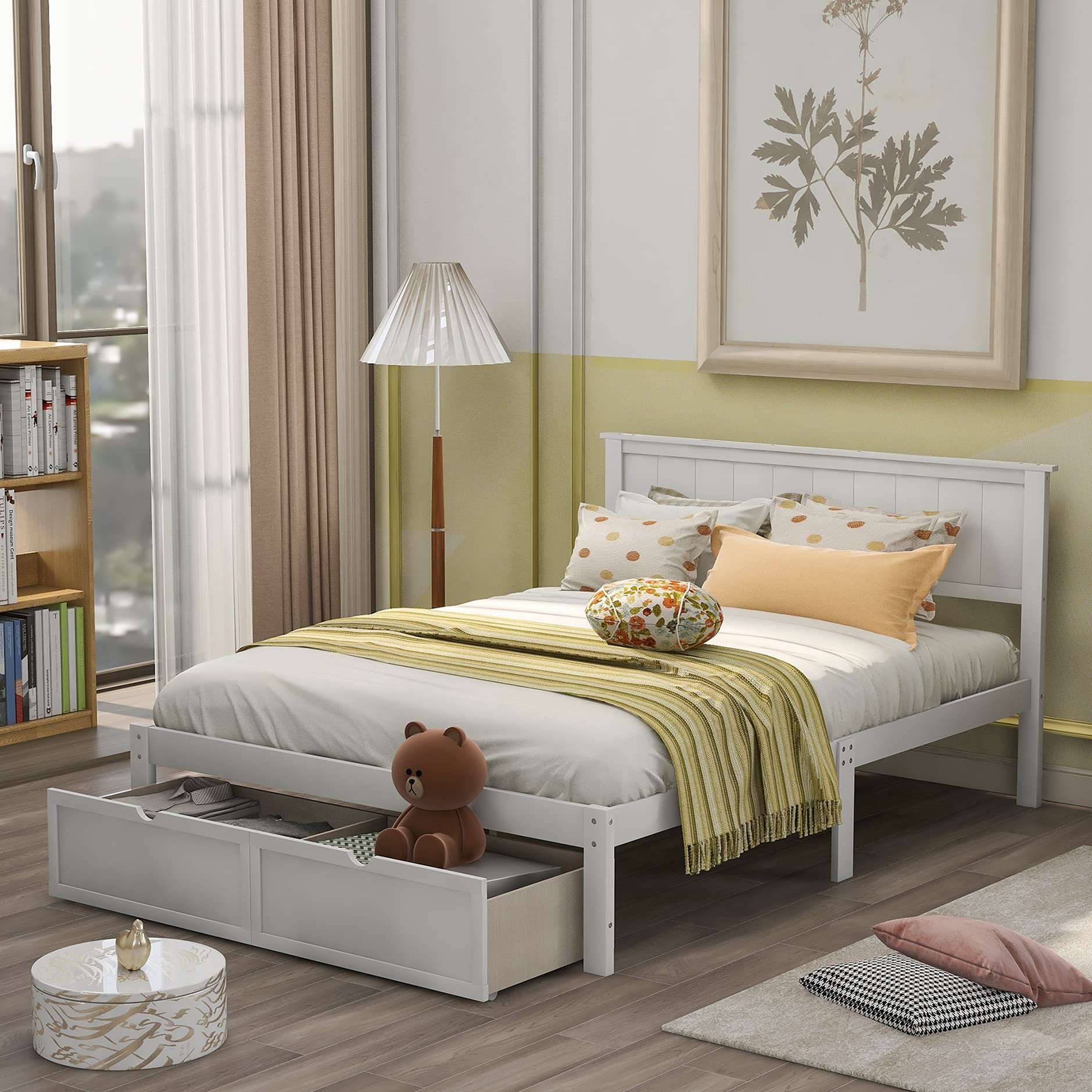 MERITLINE White Full Size Bed Frame with Headboard & Storage Drawers - No Box Spring Needed - Sturdy Wood Platform Bed for Boys, Girls, Teens & Adults - Perfect for Bedrooms, Guest Rooms & Dormitories
