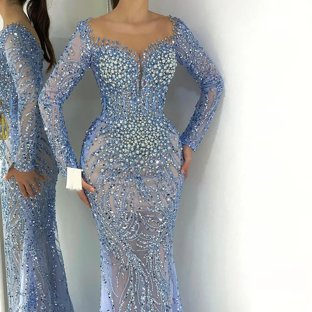 Elegant Beaded Pearl Mermaid Evening Gown for Women - Luxury Dubai Arabia Style Wedding & Party Dress 2025 | Perfect for Formal Events, Galas & Special Occasions