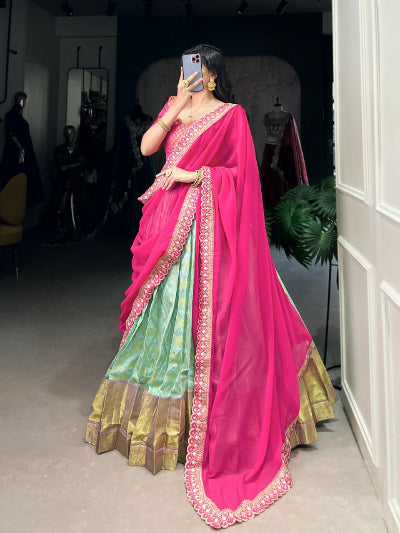 Elegant Mint Green & Pink Jacquard Silk Lehenga Choli Set for Women | Traditional Indian Bridal Wear | Perfect for Weddings, Festivals & Special Occasions