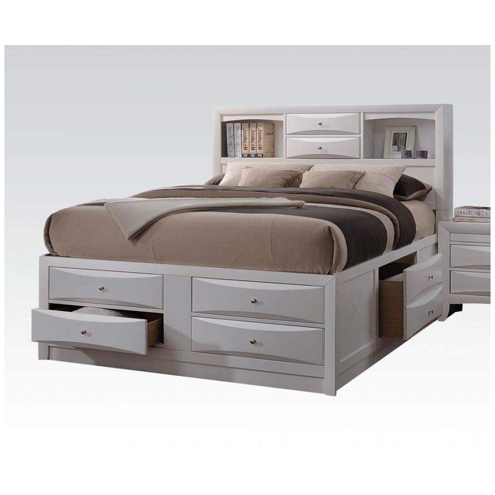 Elountik Solid Wood Bed Frame with Storage Drawers & Headboard Shelf - Full Size Platform Bed for Master & Guest Bedrooms - White Finish - Perfect for Small Spaces & Modern Home Decor