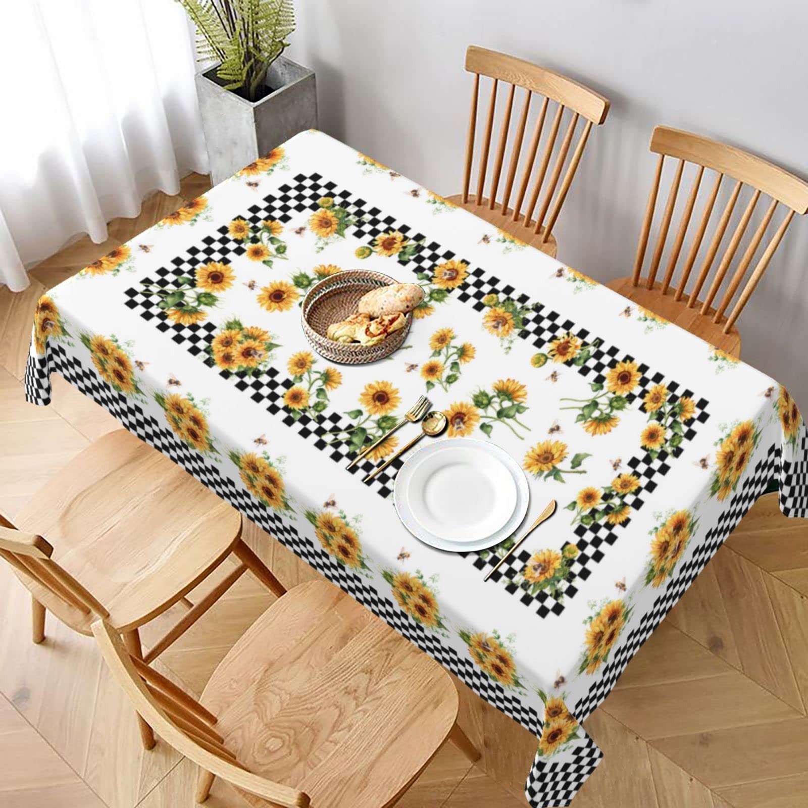 Sunflower Rustic Checkerboard Tablecloth 60x90 Inch - Washable Rectangle Table Cover for Kitchen, Dining Room, Picnic, and Outdoor Decor
