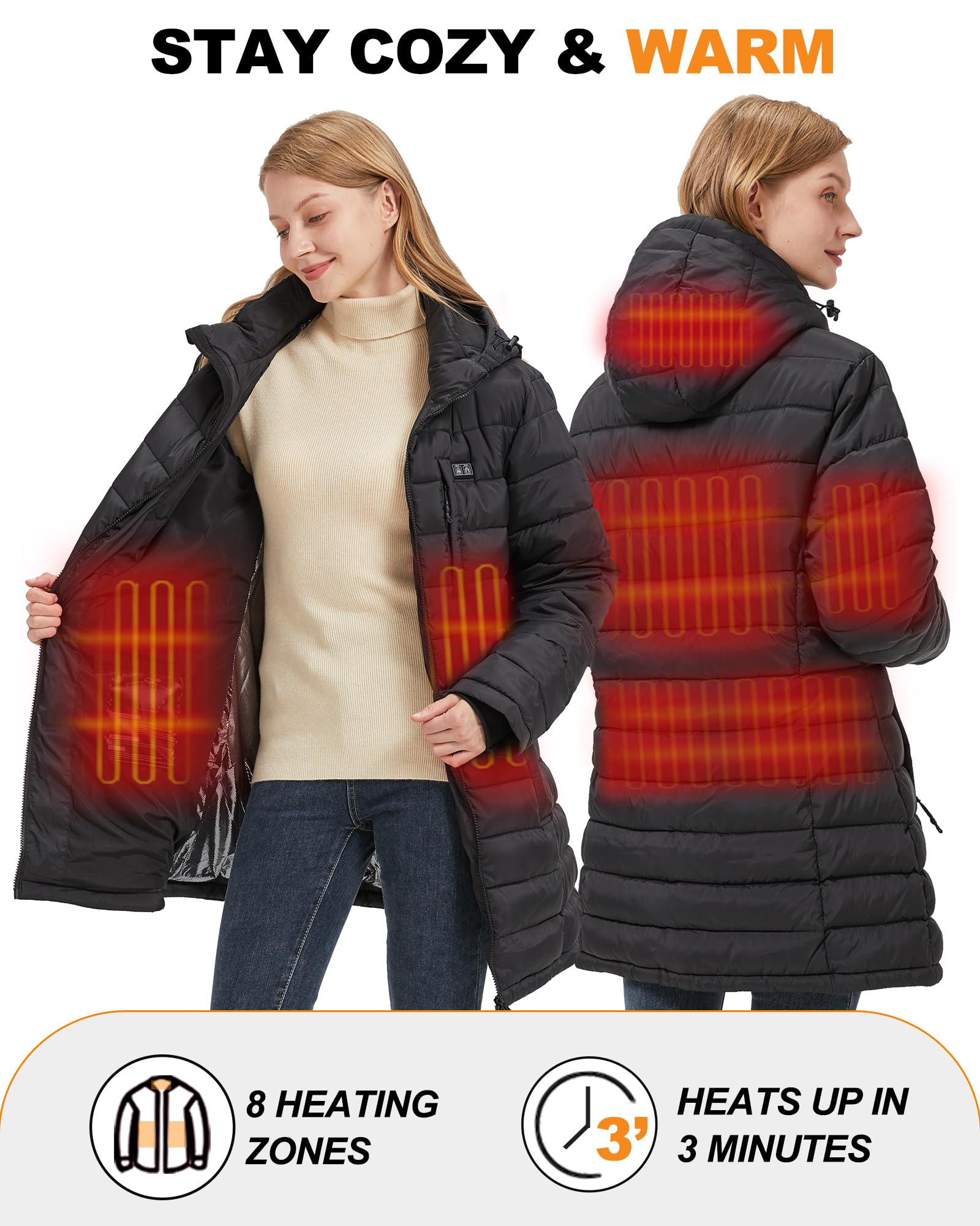 Women's Heated Jacket with Rechargeable Battery Pack - Winter Warm Electric Coat for Outdoor Activities (Hiking, Skiing, Camping)