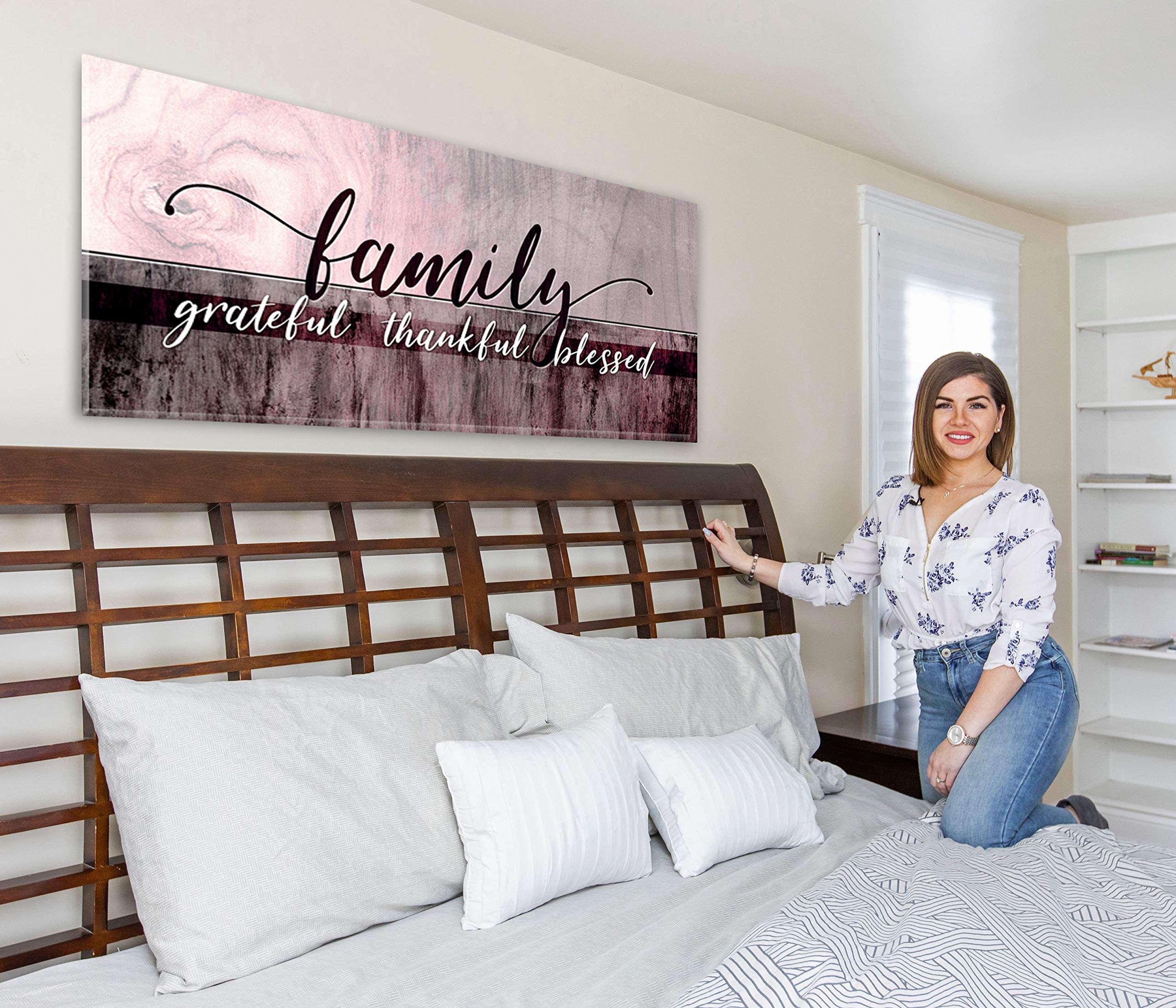 Family Grateful Thankful Blessed Christian Wall Decor - Purple Wine Red Wooden Sign (60x27 Inch) for Living Room, Bedroom & Home Decorations - Perfect Gift for Housewarming, Wedding & Holidays