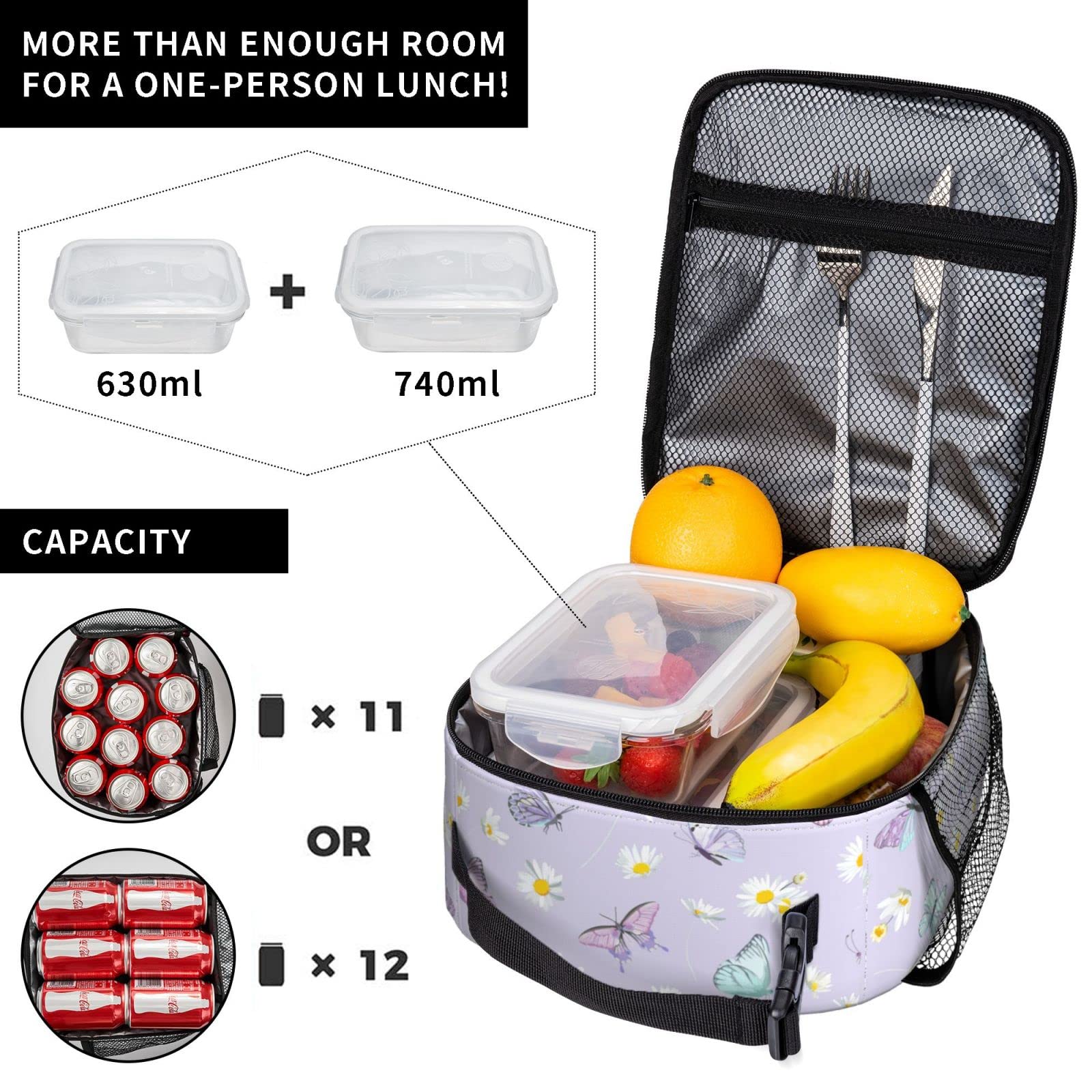 SUPLUCHOM Insulated Lunch Bag for Women & Girls - Purple Butterfly Daisy Flower Design, Reusable with Side Pocket, Perfect for Work, School, Picnic, Hiking & Day Trips - BPA Free & Durable (Ages 3+)