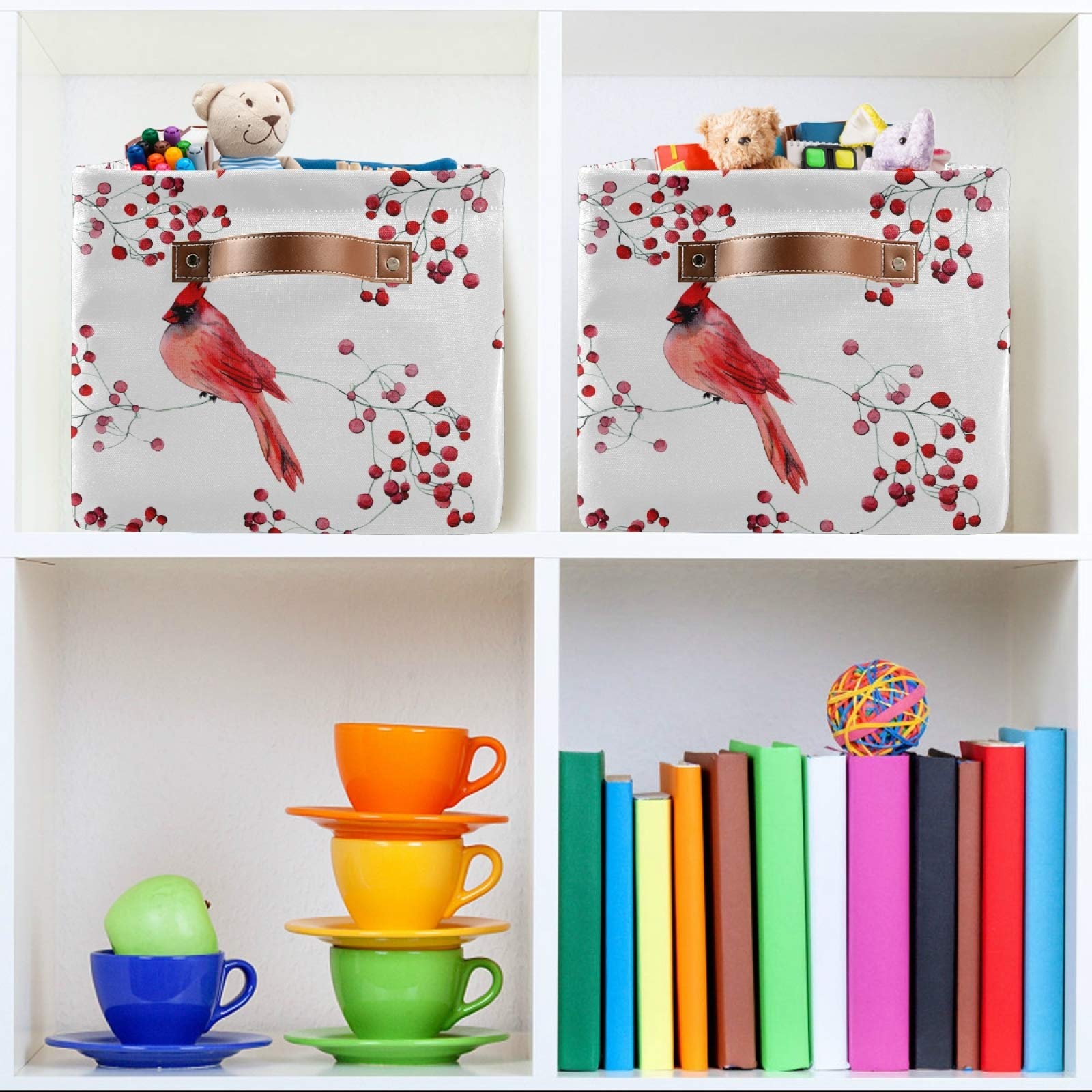 Susiyo Large Foldable Storage Bin - Winter Cardinal Birds Fabric Collapsible Basket with PU Handles | 2-Pack Organizer for Shelves, Closet, Bedroom & Living Room | Perfect for Seasonal Decor, Toy Storage & Home Organization