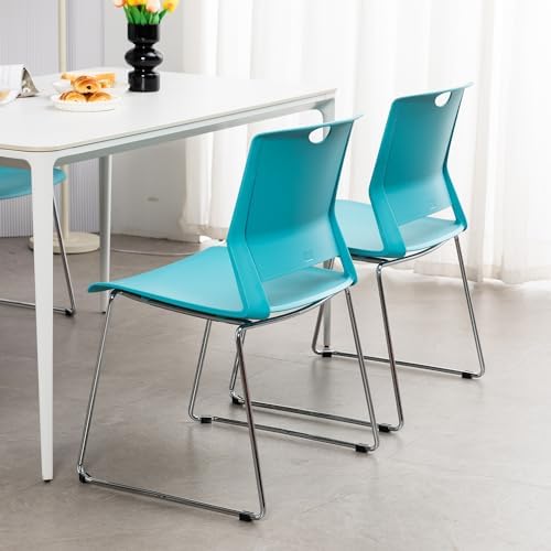 Blue Stacking Chairs Set of 4 - Armless Plastic Reception Chairs with Wide Seat | Stackable Conference, Training & Dining Room Chairs | Perfect for Office Meetings, School Classrooms & Home Events