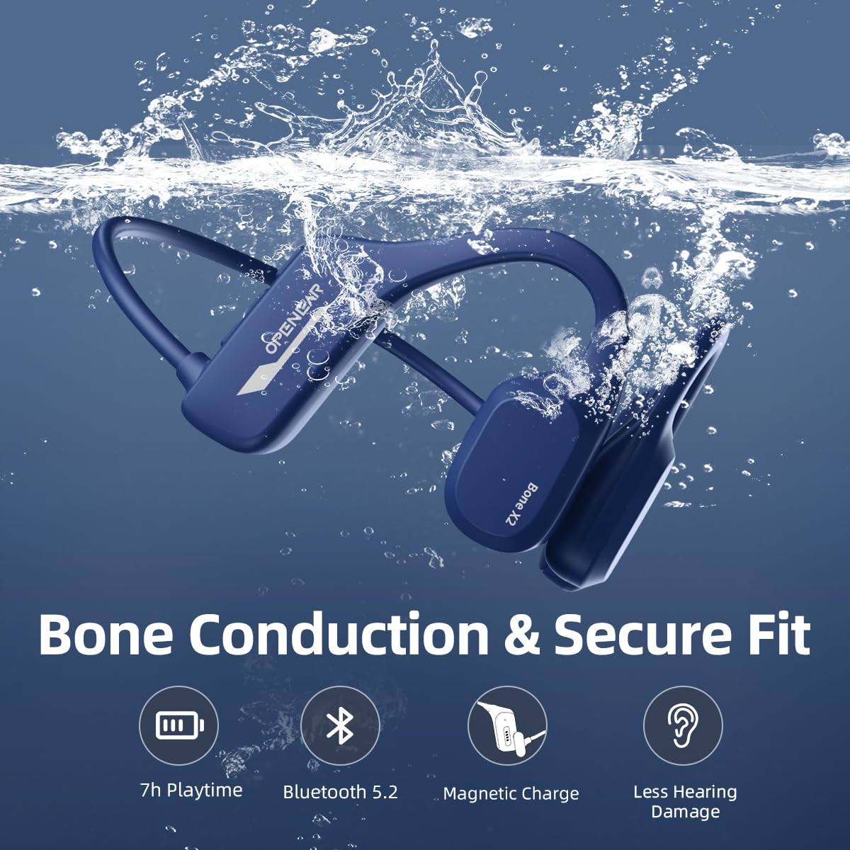 Flymory Bluetooth 5.2 Swimming Headphones - IP68 Waterproof Bone Conduction Headset with 8GB Storage, Open Ear Wireless Sports Earphones for Swimming, Workout, Hiking, Cycling (Blue) - Perfect for Pool Workouts, Outdoor Adventures & Fitness Training