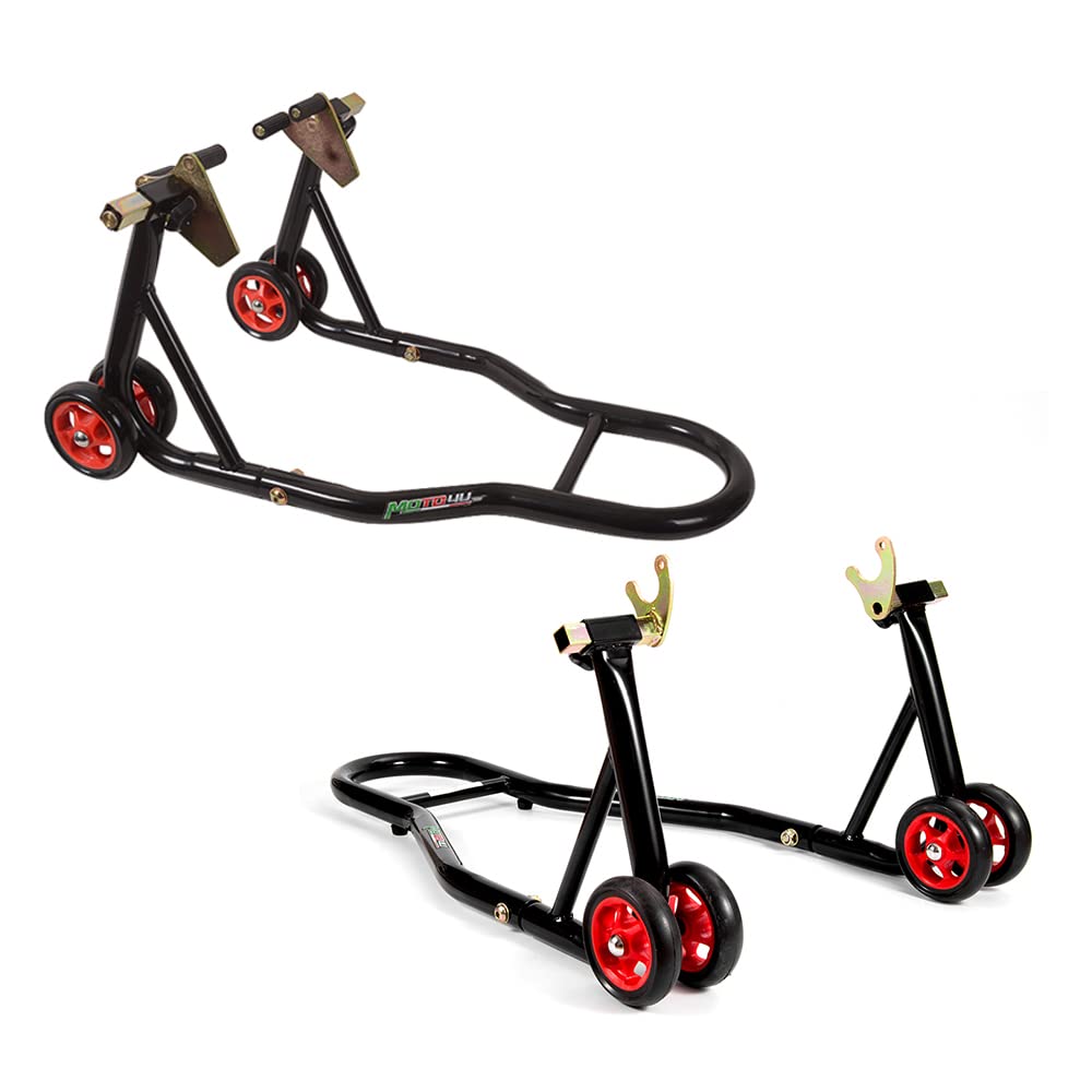 MOTO4U Universal Motorcycle Front & Rear Wheel Lift Stand Combo - Swingarm Spool Paddock Stand for Bike Maintenance (Red Wheel) - Perfect for Garage, Workshop & DIY Motorcycle Repair
