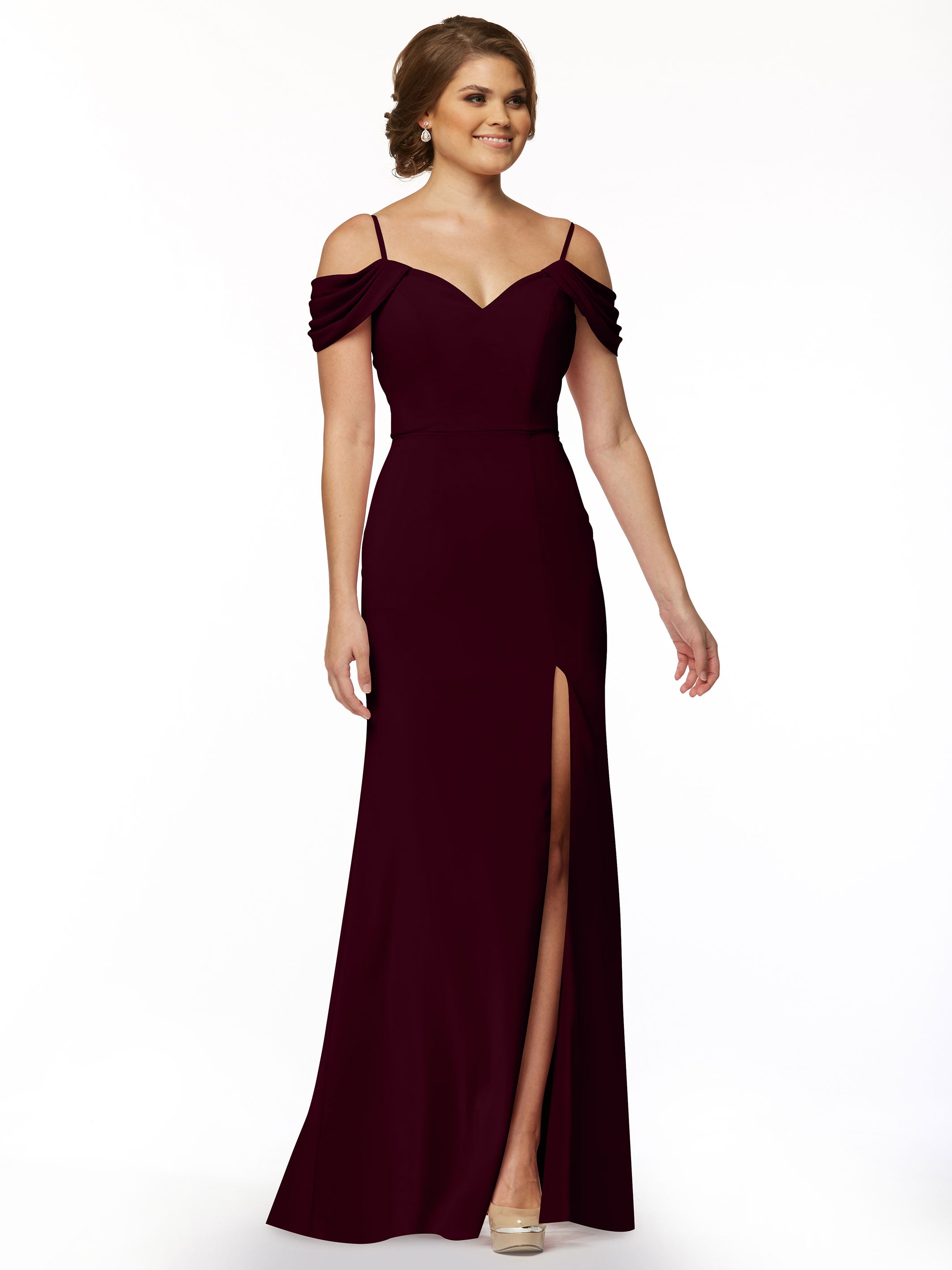 Elegant 83029 Stretch Chiffon Off-Shoulder Bridesmaid Dress with Thigh High Slit - Perfect for Weddings, Parties & Formal Events