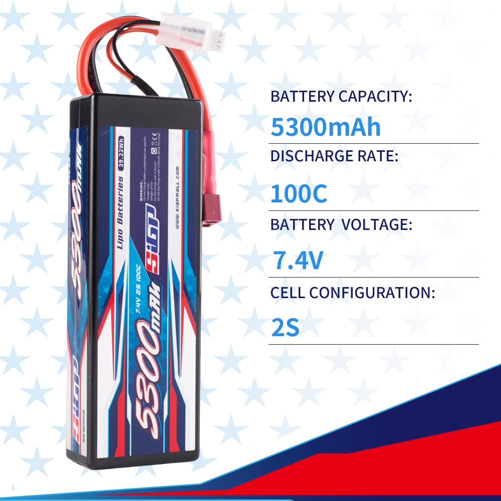 2S Lipo Battery 7.4V 5300mAh 100C Hard Case with Deans T Plug - High Performance RC Battery for Car, Truck, Boat, Tank, Buggy Racing - 2 Pack - Perfect for Hobbyists and Competitive Racing Enthusiasts