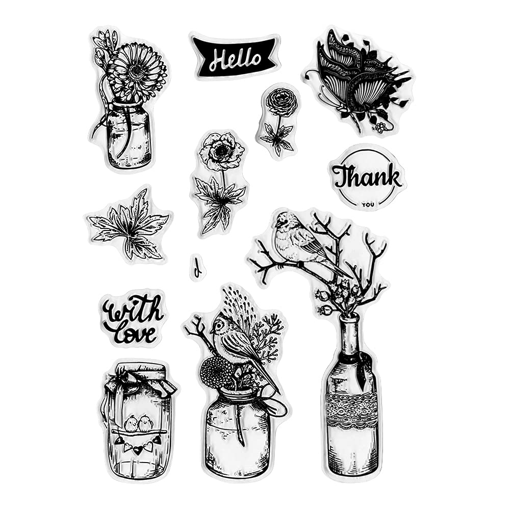 Clear Flower Vase Rubber Stamps for DIY Card Making, Scrapbooking, and Photo Album Decoration - Birds & Butterfly Transparent Seal Stamps for Handmade Crafts | Perfect for Greeting Cards, Journals, and Home Decor Projects