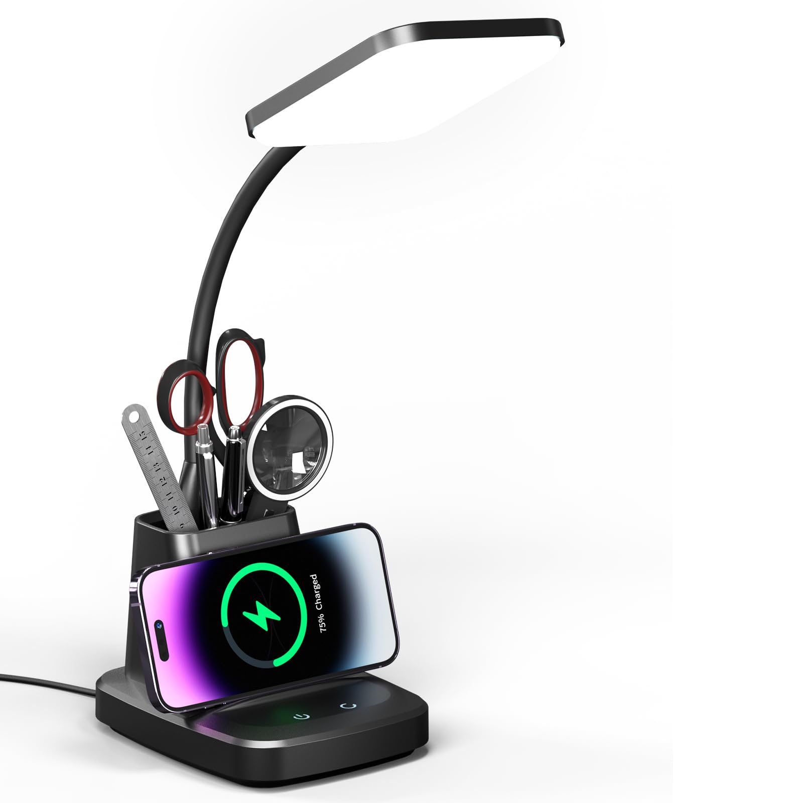 LED Desk Lamp with Wireless Charger & Pen Holder - Dimmable Office Light, 3 Color Modes, Black - Perfect for Home Office, Study Room & Dormitory Workspace
