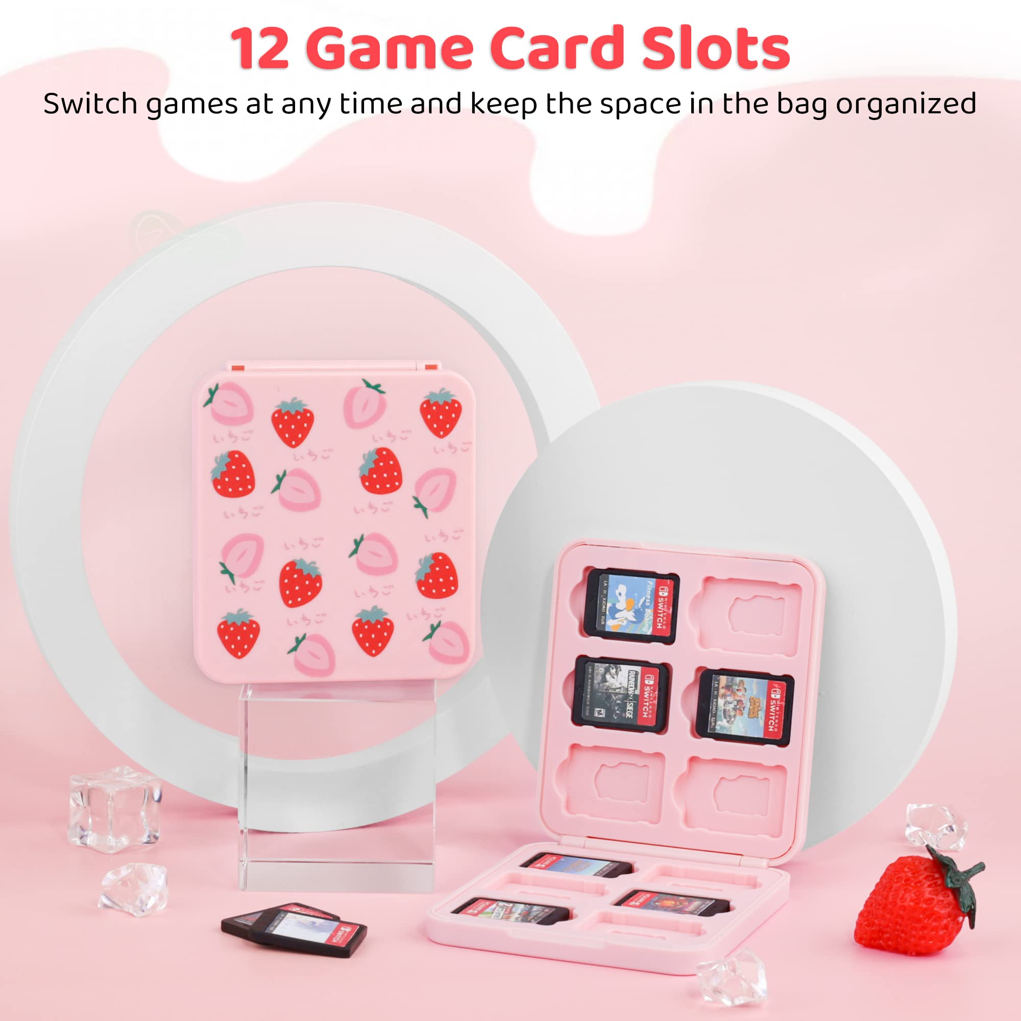 RHOTALL Pink Travel Bag for Nintendo Switch/Lite/OLED - Large Capacity Portable Carrying Case with 12 Game Slots & Thumb Grip Caps (Strawberry) - Perfect for Gaming On-The-Go, Travel Accessories Storage & Shoulder Backpack