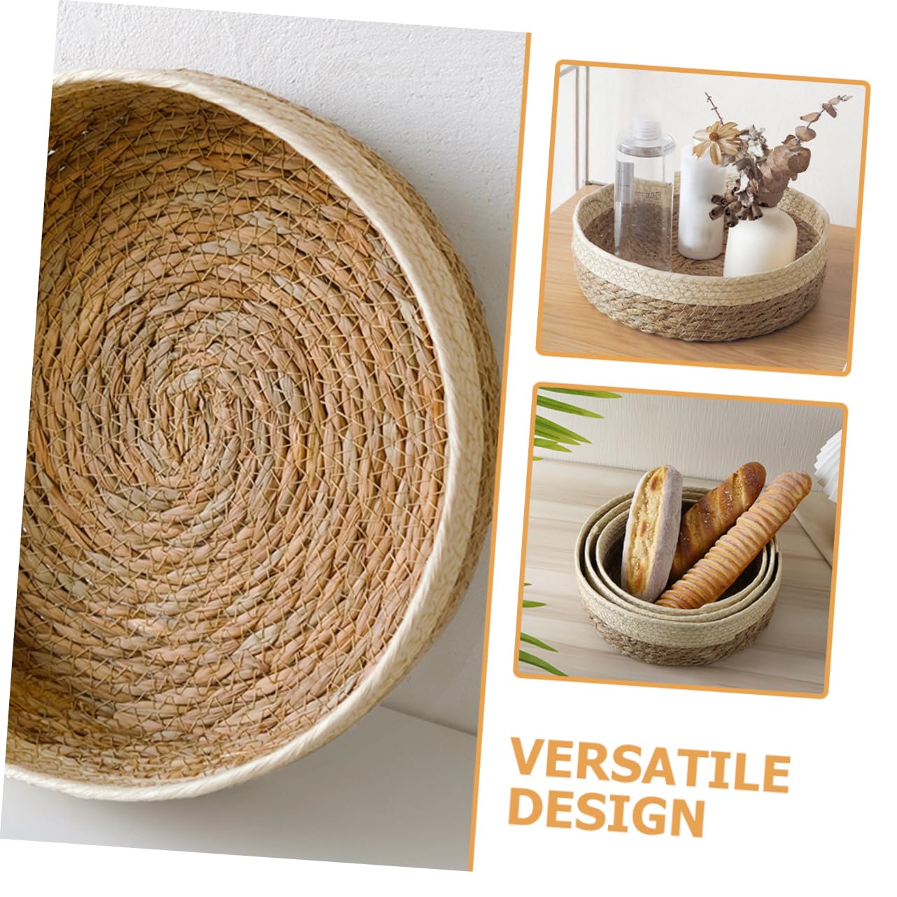 PRETYZOOM Rustic Farmhouse Woven Storage Basket Set - 3-Piece Round Bread & Fruit Basket Collection for Kitchen, Dining Room Decor & Organizing (Natural Fiber, Decorative Storage Boxes) - Perfect for Farmhouse Style Homes, Picnics & Gift Giving