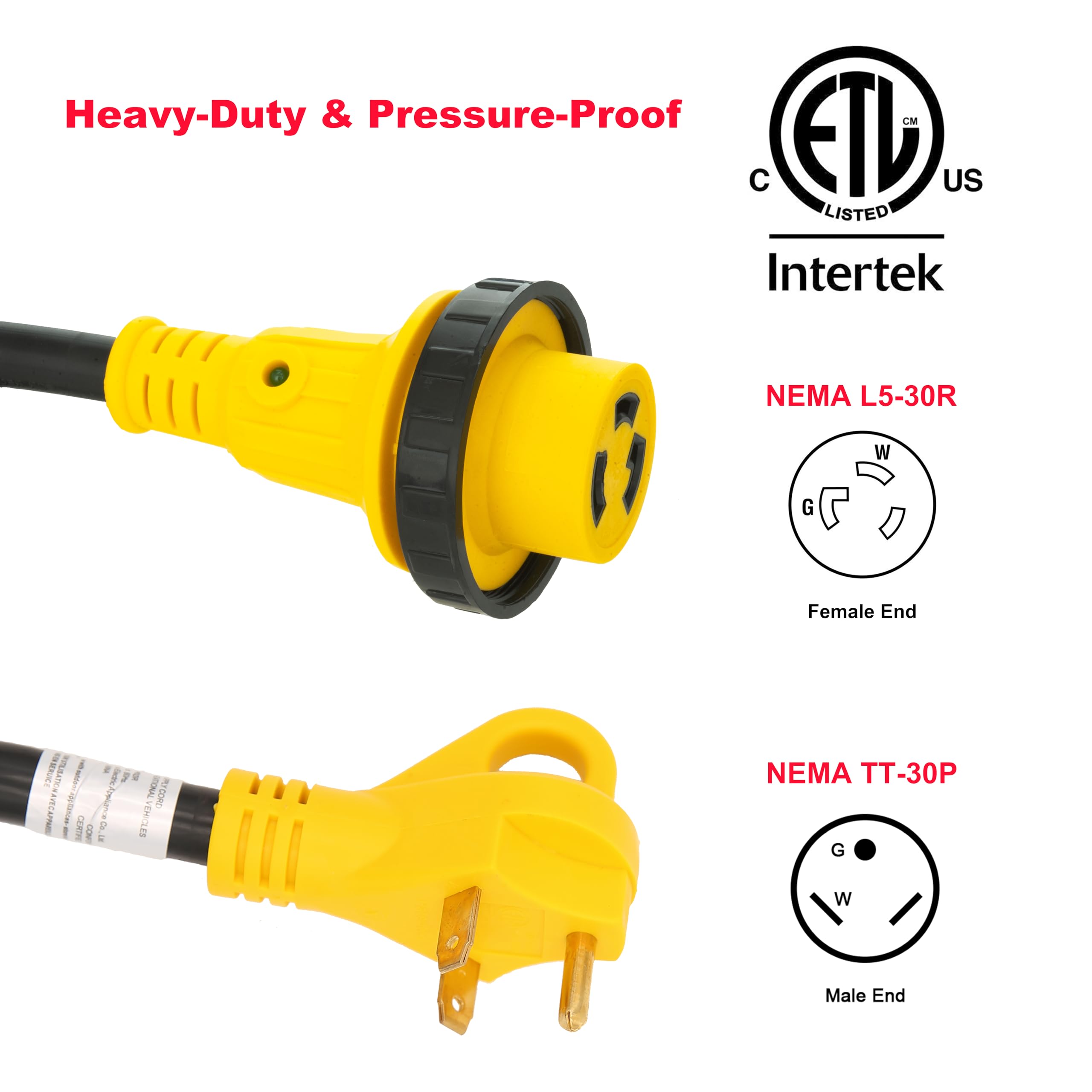 PEAKTOW 30 Amp 50 Feet RV Power Extension Cord - 10 Gauge Heavy Duty L5-30R to TT-30P Adapter (125V/3750W) with LED Indicator, Grip Handle & Cord Organizer - ETL/cETL Certified for Camping, RV Parks & Outdoor Power Supply