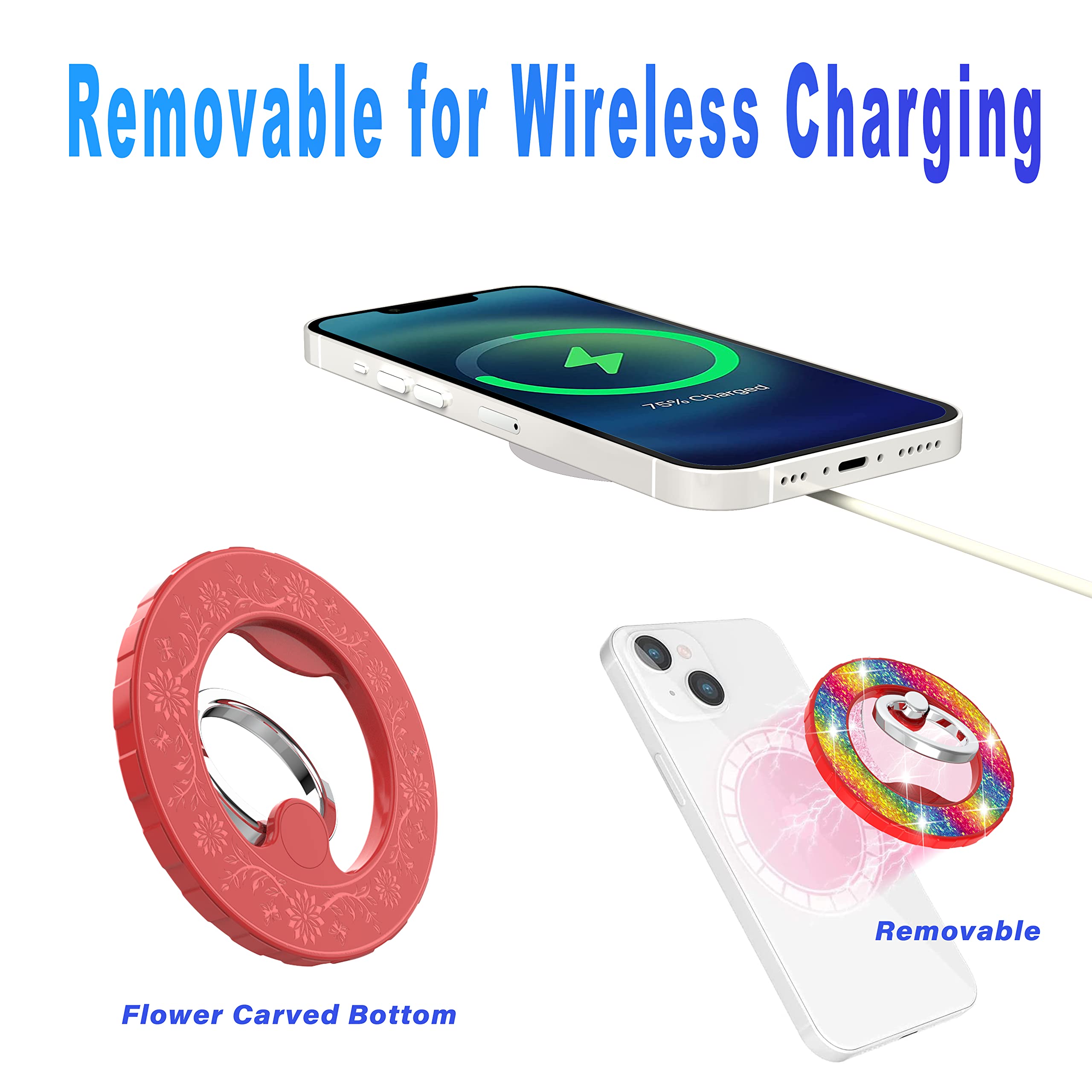Magnetic Phone Ring Holder Grip for iPhone 15 14 13 12 - Magsafe Compatible, Removable for Wireless Charging, Collapsible Kickstand, Rainbow Color - Perfect for Hands-Free Viewing, Gaming and Video Calls