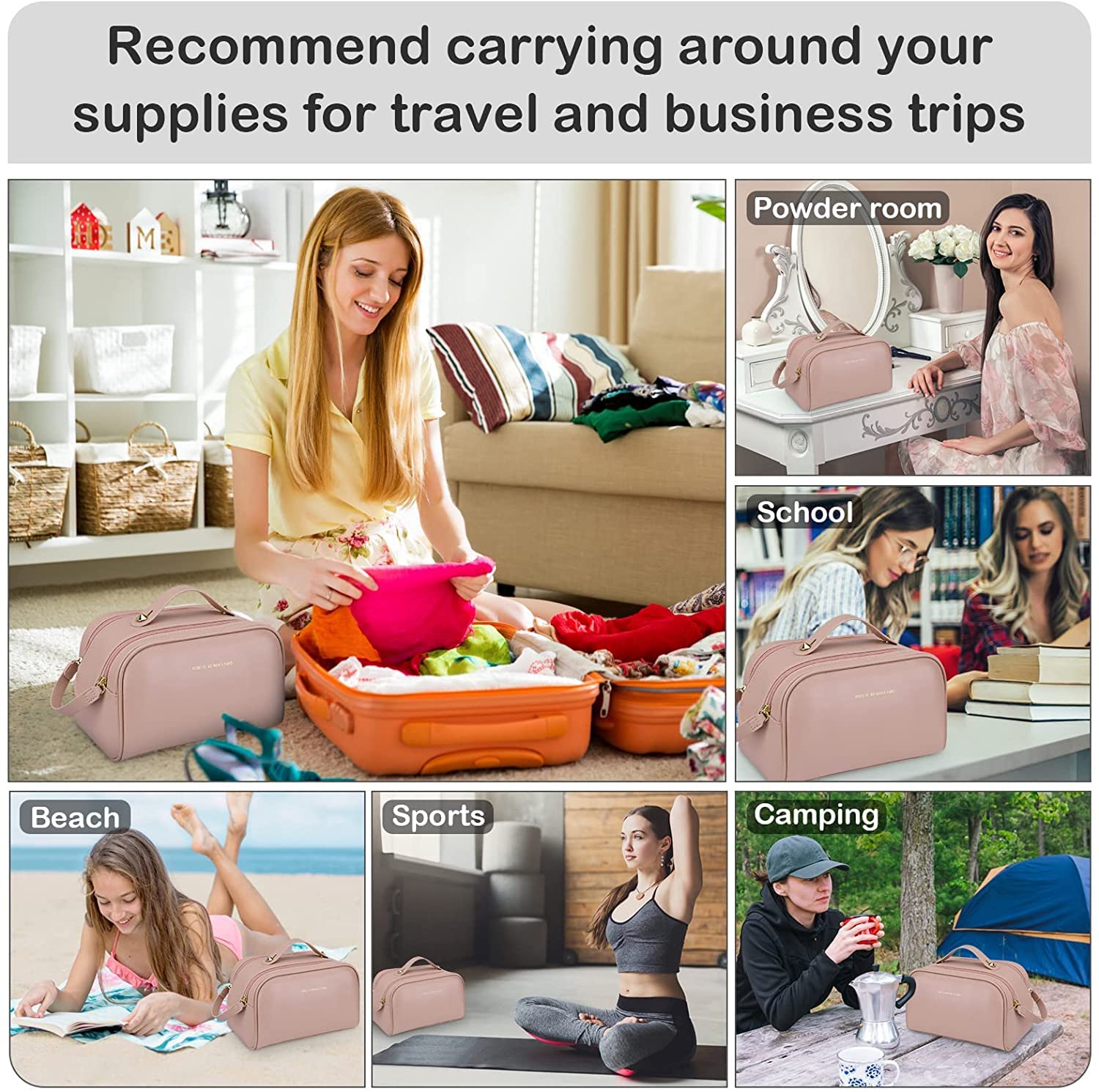 Premium Leather Makeup Bag for Women - Large Capacity Waterproof Travel Cosmetic Organizer with Handle - Perfect for Vacation, Gym & Daily Essentials Storage