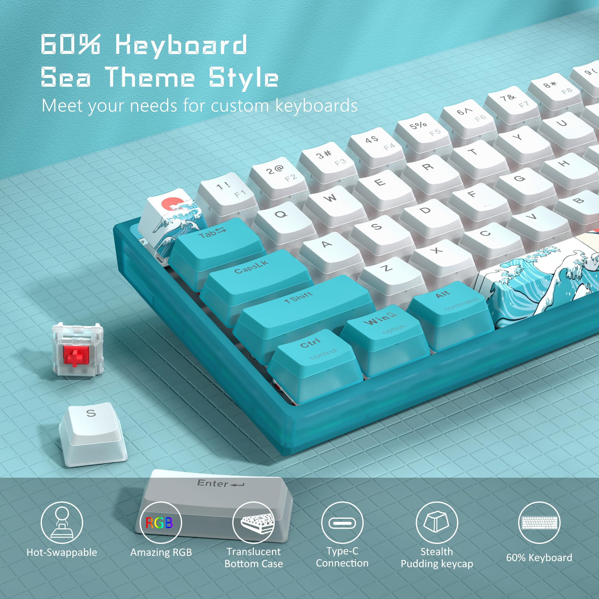 Womier WK61 60% RGB Mechanical Gaming Keyboard - Hot-Swappable, PBT Keycaps, Red Switch for PC Gamers