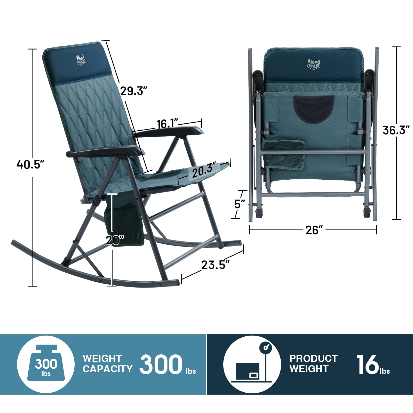TIMBER RIDGE Adjustable Rocking Camping Chair - Padded High Back Outdoor Rocker with Side Pocket, Portable Folding Chair for Adults (300 LBS Capacity) - Perfect for Lawn, Patio, Porch, Beach & Backyard Relaxation - Blue (1 Pack)