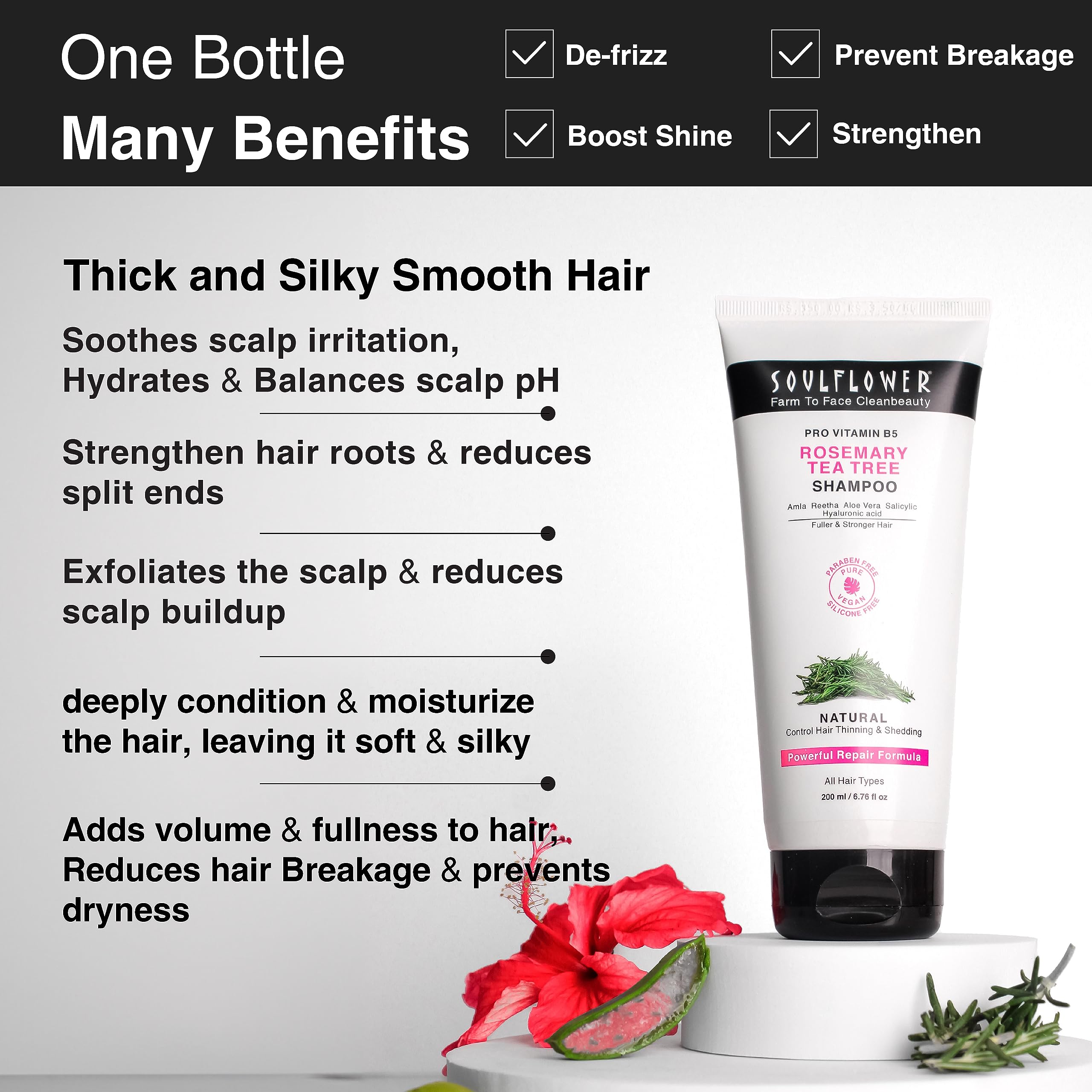 Soulflower Rosemary Shampoo for Hair Growth & Anti Hair Fall - Strengthens & Shines Hair with Tea Tree & Pro Vitamin B5 - Promotes Healthy Scalp for Men & Women (200ml) - Perfect for Daily Hair Care & Scalp Nourishment