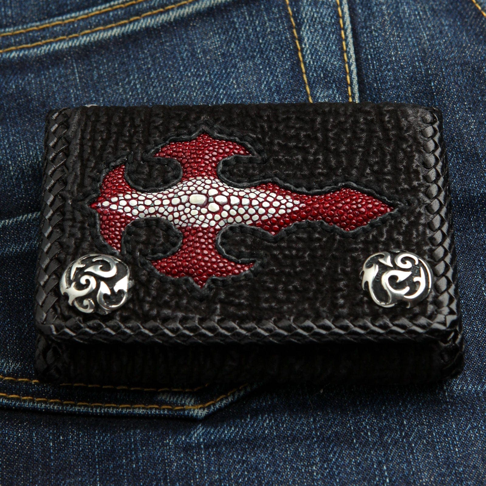 Authentic Red Stingray Leather Biker Wallet for Men - Stylish RFID Blocking Cross Design Motorcycle Wallet for Everyday Use & Travel