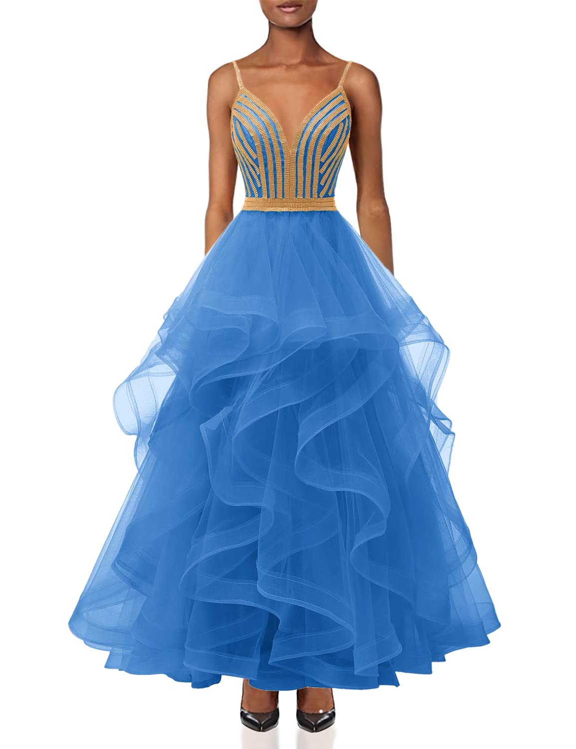 Chupeng Women's Gold Crystal Tiered Tulle Prom Dress - Elegant Spaghetti Strap Long Formal Evening Gown for Party, Cocktail, Ball & Special Occasions | Perfect for Prom Night, Wedding Guest & Black Tie Events
