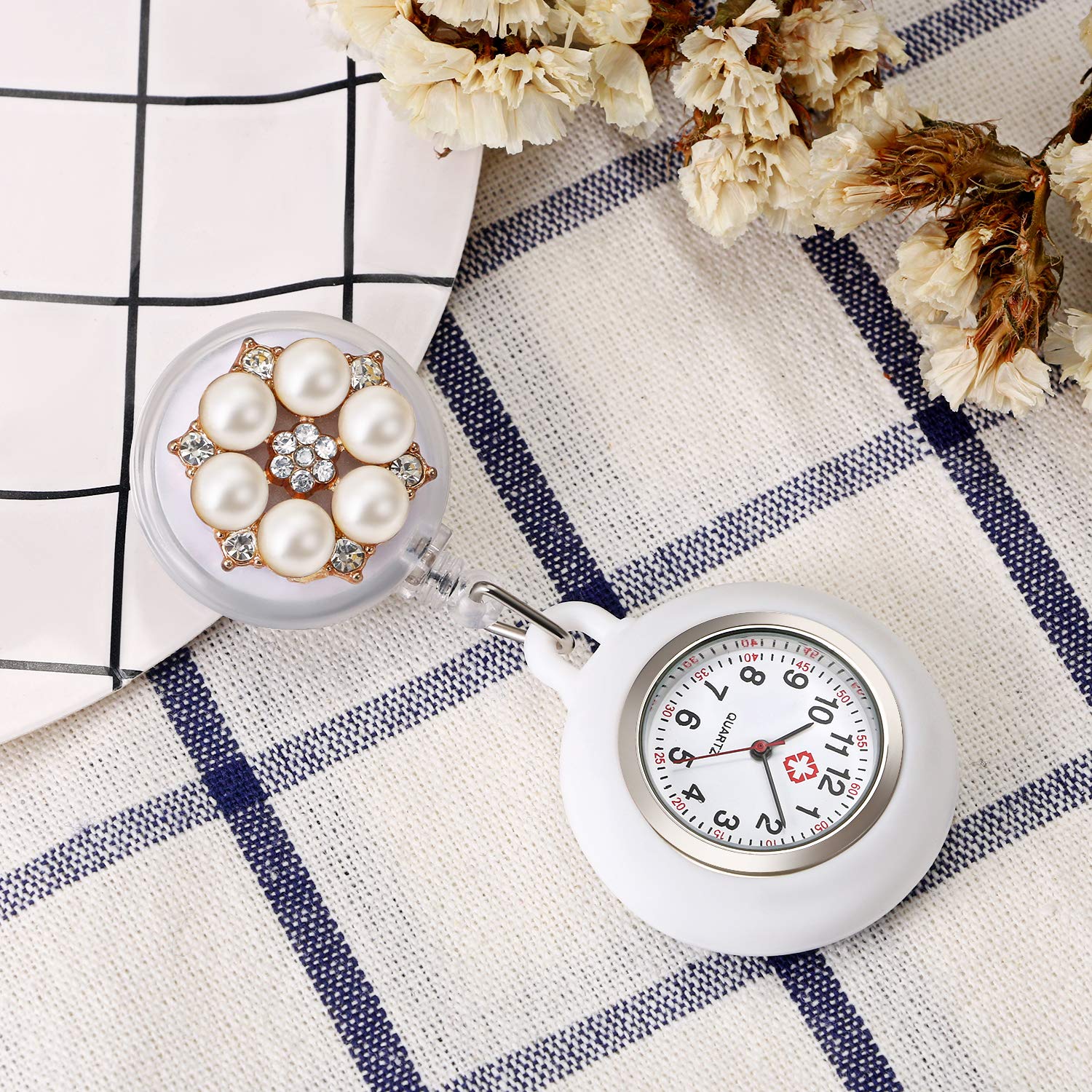 Nurse Watch for Women - Clip On Hanging Watch with Silicone Cover & Retractable Fob - Perfect for Nurses, Doctors & Paramedics - Stylish Pearl White Design - Ideal for Medical Shifts, Clinical Work & Healthcare Professionals