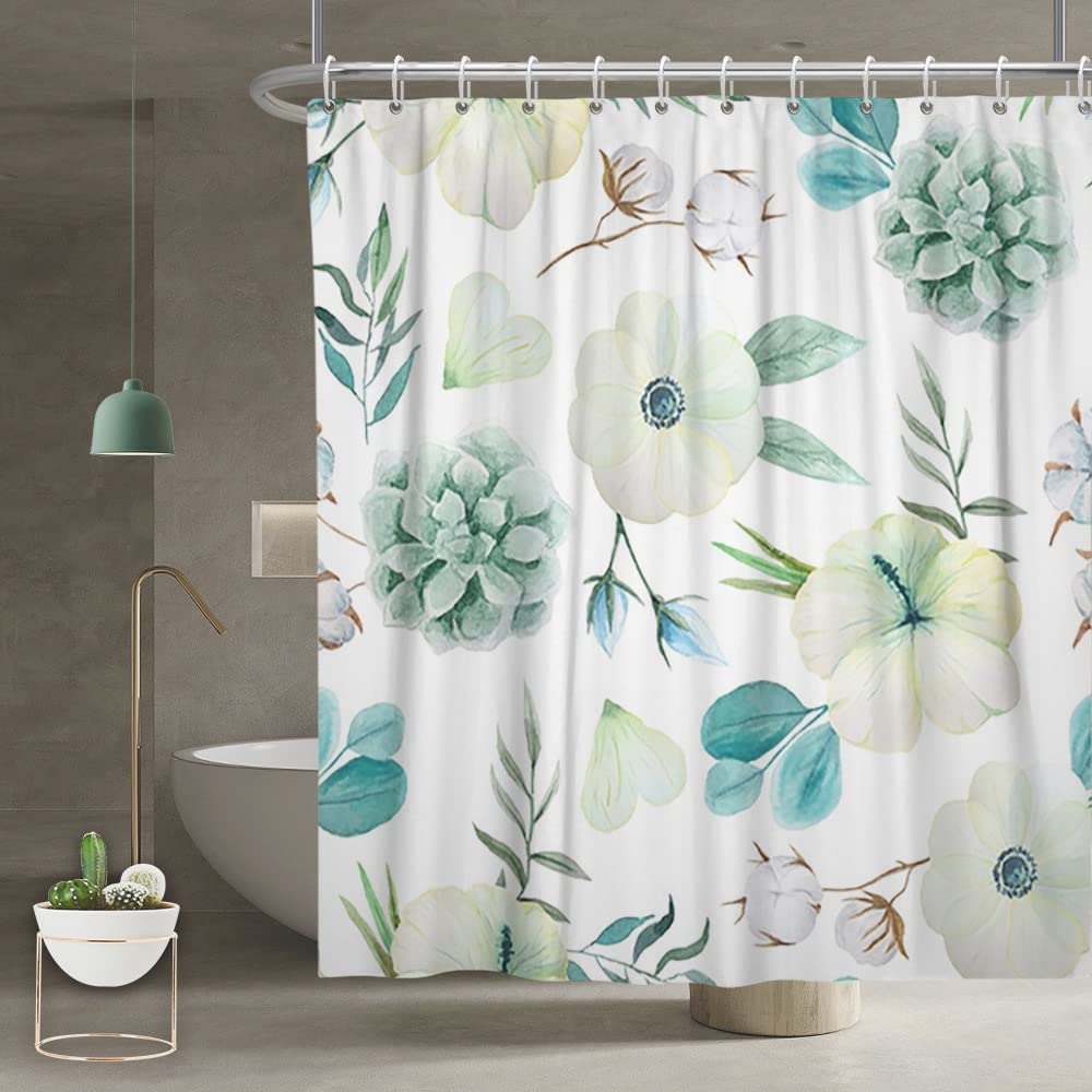 Yeele White and Green Botanical Shower Curtain 60x72 Inch - Waterproof Leaf Pattern Bathroom Decor with Hooks | Perfect for Modern Bathrooms, Spa Retreats & Nature-Inspired Home Decor