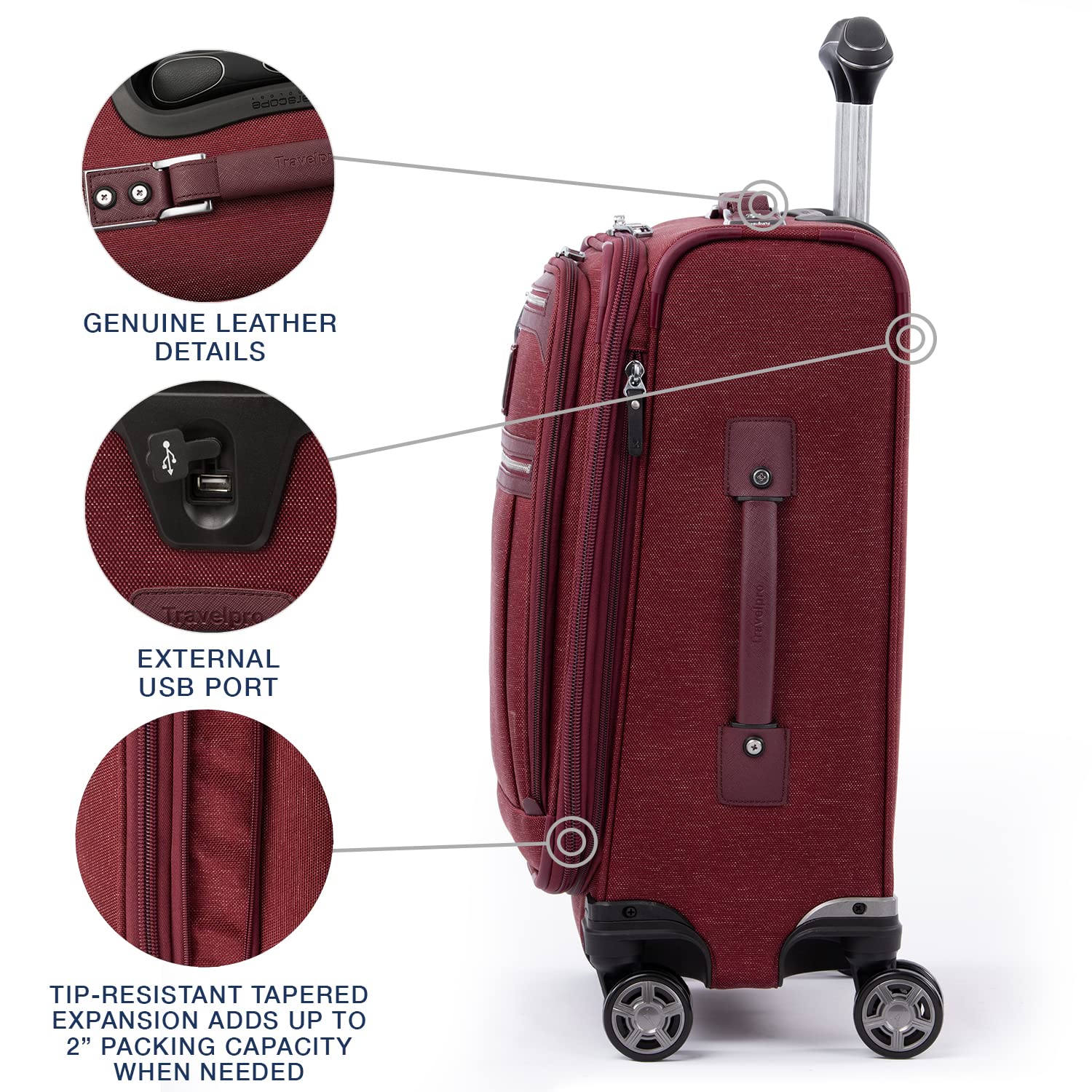 Travelpro Platinum Elite 20-Inch Expandable Carry-On Luggage with 8-Wheel Spinner, USB Charging Port & Laptop/Tablet Sleeves - Lightweight Softside Suitcase for Men & Women (Bordeaux Red) - Perfect for Business Travel & Weekend Getaways