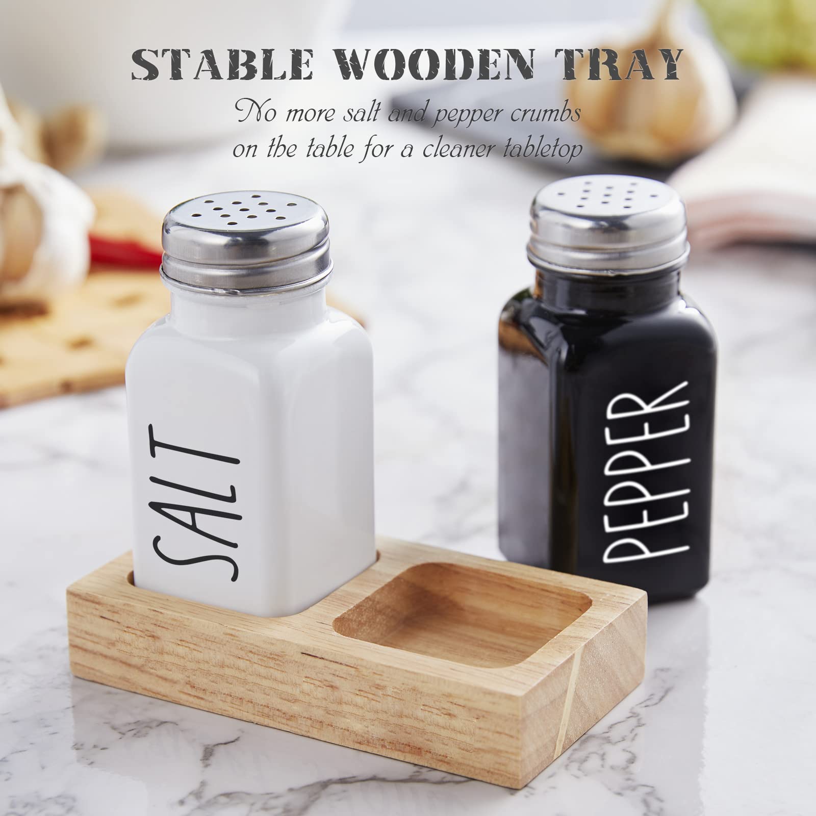 Premium Glass Salt and Pepper Shakers Set with Wooden Holder - 2.7 oz Black & White Kitchen Decor for Countertop or Dining Table - Ideal Wedding Gift & Housewarming Present - Perfect for Everyday Use, Dinner Parties, and Home Decor