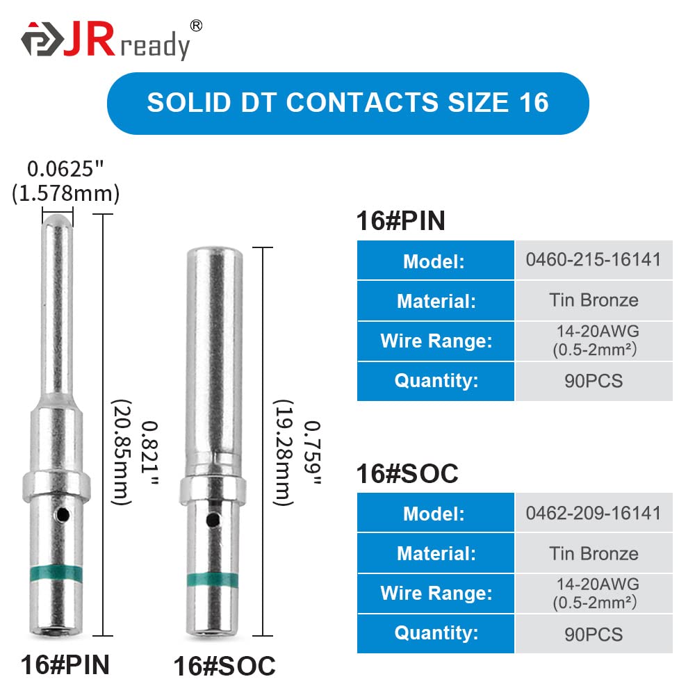 JRready 90 Pairs Deutsch Connector Pins & Sockets - 16 Gauge Solid Contacts (Male Pins 0460-215-16141 / Female Pins 0462-209-16141) - DT Connector Terminals for 14-20AWG Wires - Perfect for Automotive, Marine & Industrial Electrical Wiring
