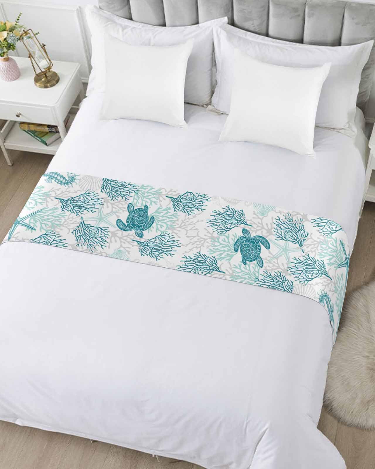 Turquoise Coastal Bed Runner for Full/Queen Size Bed - 83x20 Inch Nautical Sea Turtle Design Bedspread Protector, Slipcover & Bed Scarf - Perfect for Beach House, Hotel Rooms, Wedding Decor & Summer Bedroom Styling