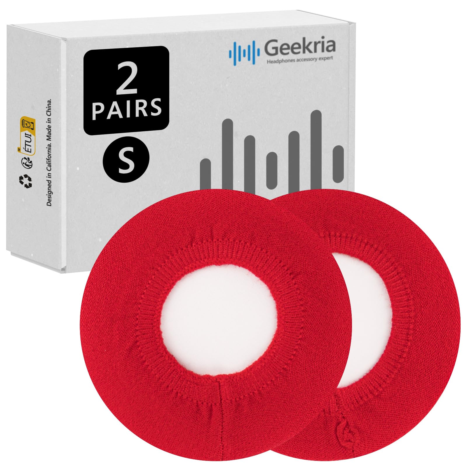 Geekria 2 Pairs Knit Fabric Headphone Ear Covers - Washable, Stretchable & Sanitary Ear Protectors for Over-Ear Headphones (Size S/Red) - Certified Safe for Kids & Adults - Perfect for Gaming, Workouts & Travel