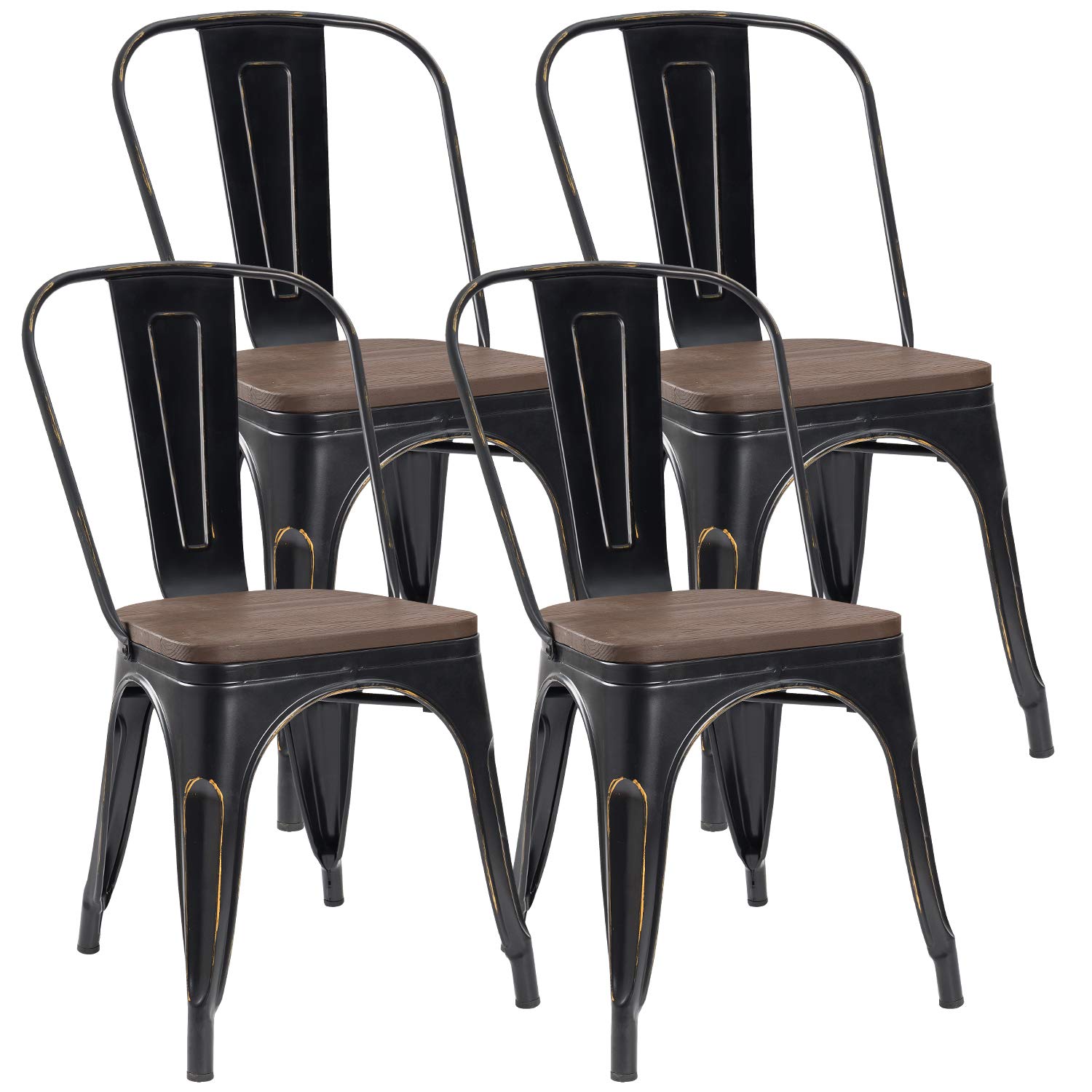 JUMMICO 4-Pack Stackable Metal Dining Chairs - Vintage Industrial Kitchen & Cafe Chairs with Wooden Seat - Indoor Outdoor Bistro Side Chairs (Gold Black) - Perfect for Home, Restaurant & Patio Use