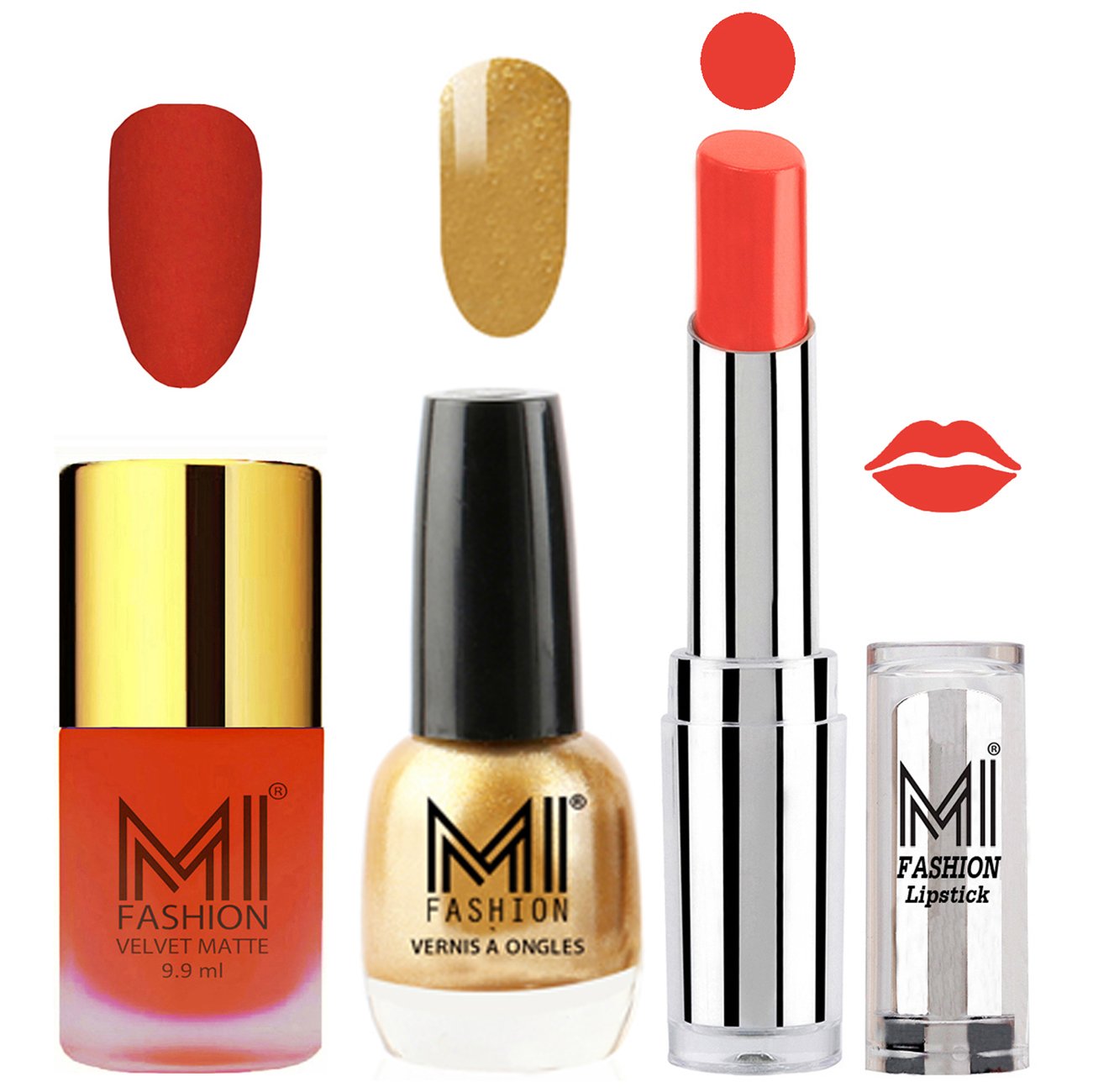 MI Fashion Long-Lasting Matte Nail Polish & Lipstick Set - Orange Matte Nail Polish, Golden Shine Nail Polish & Coral Lipstick (3-Piece Combo) | Perfect for Parties, Weddings & Everyday Glam Makeup Looks